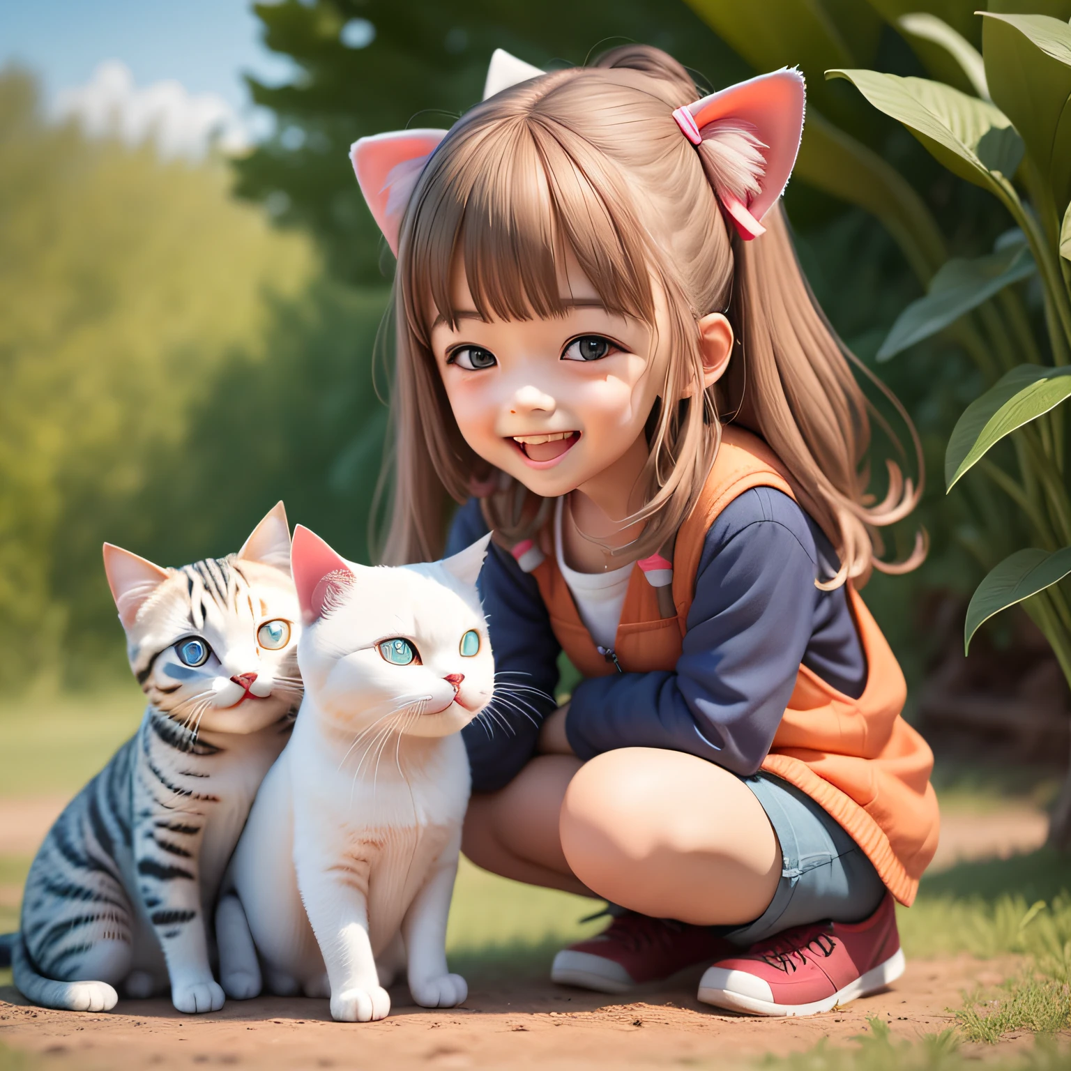 Cute girl was especially happy playing with cats