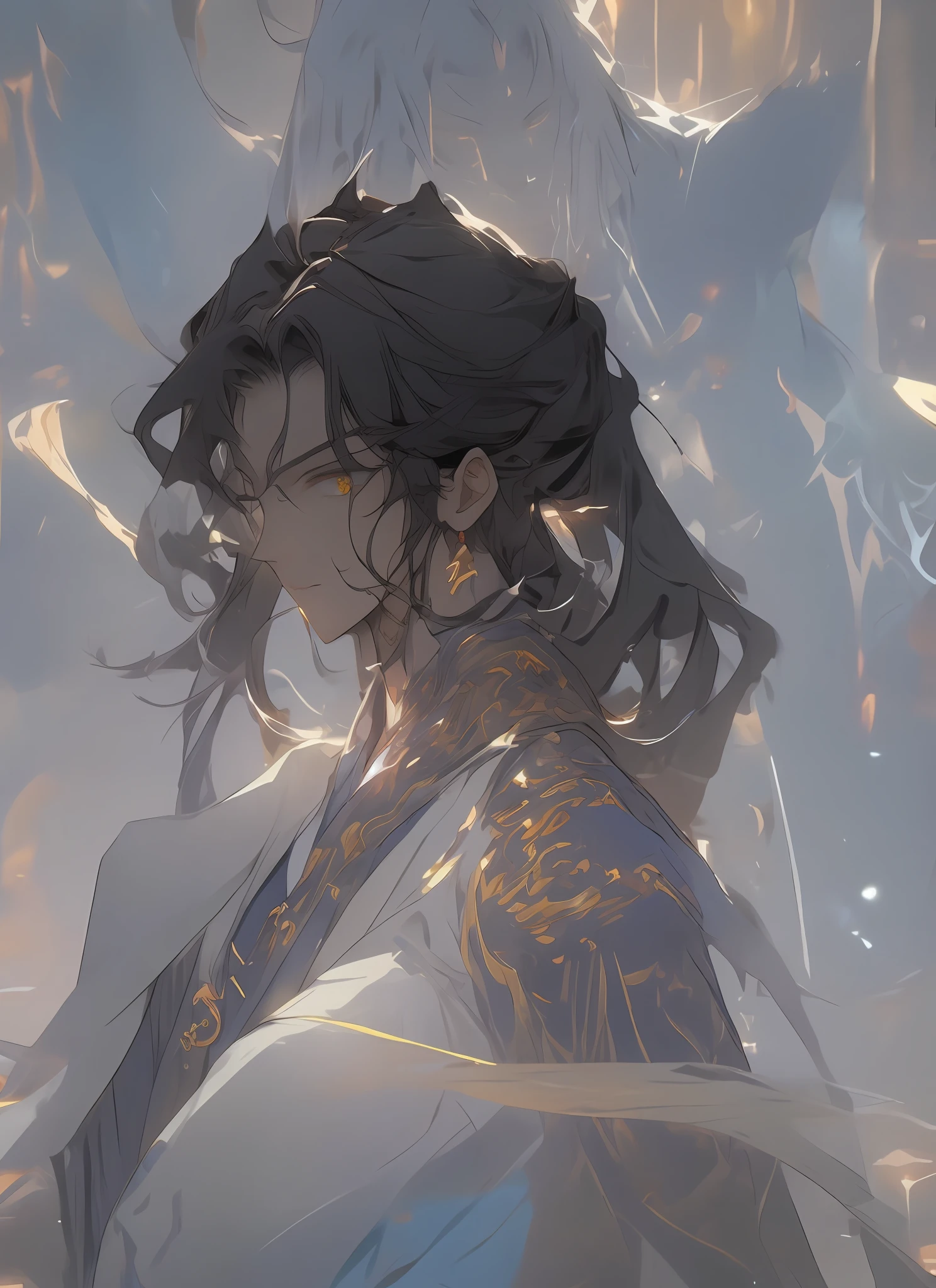 He is eight feet long and has a great appearance,Handsome and handsome,Sword-eyed stars,Handsome,The body shape is a golden ratio melon seed face,He has long dark hair,Coiled with a hairpin,Wears a Hanfu with an inky black tinge of purple,A ghost mask hangs from his waist,Holding a bone in his hand,His eyes looked at the bones and he had a shallow smile that was a little dark and weird,Slender fingers,The skin is white and smooth