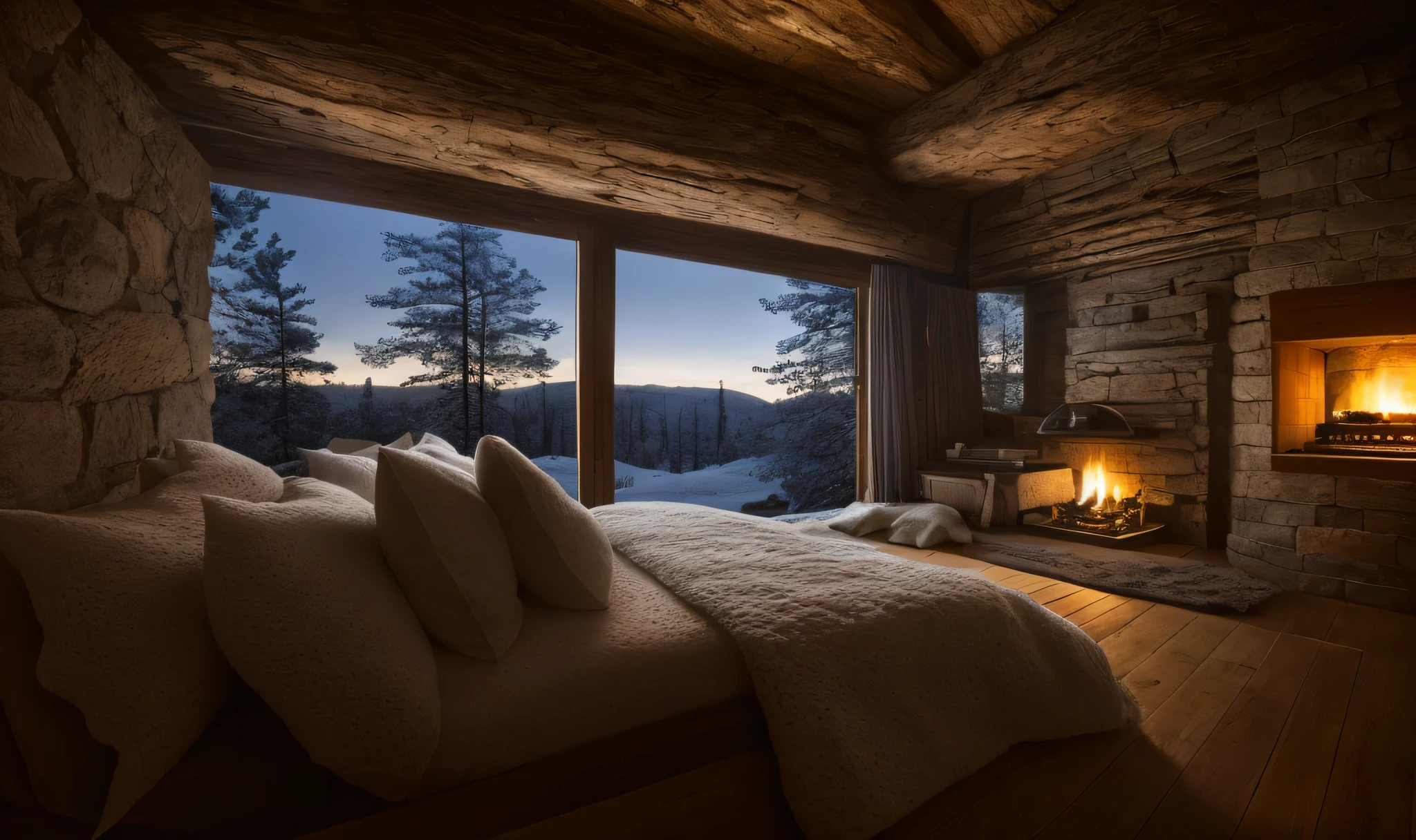 Arafeld bedroom with fireplace and large bed with pillows, the night,large windows to forest at night, Snow in the forest,cozy and peaceful atmosphere, cozy environment, Comfortable charming scene, cozy and calm, Lodge, luxurious environment, cozy environment, very cozy, luxurious wooden cottage, cozy room, Cosy, winter setting