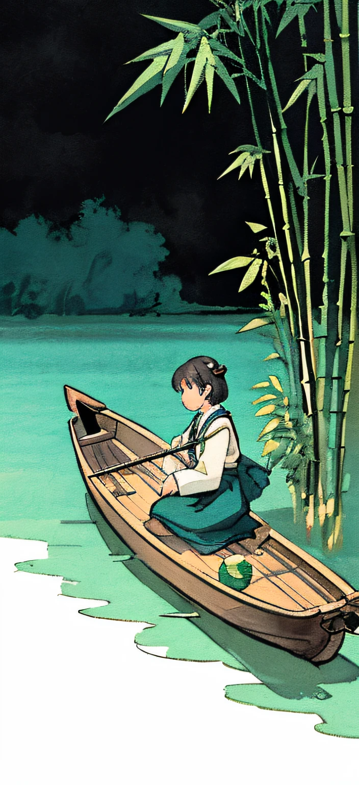 There was a boat floating in the water，There is a bird on it, A illustration, sitting in a small bamboo boat, animated movie still, illustration”, editorialillustrations, Fishing, animated still, portfolio illustration, Stylized digital illustration, animated movie still, illustration!, illustrative art, full-colour illustration, Game illustration, inspired by Emiliano Ponzi, stylized illustration