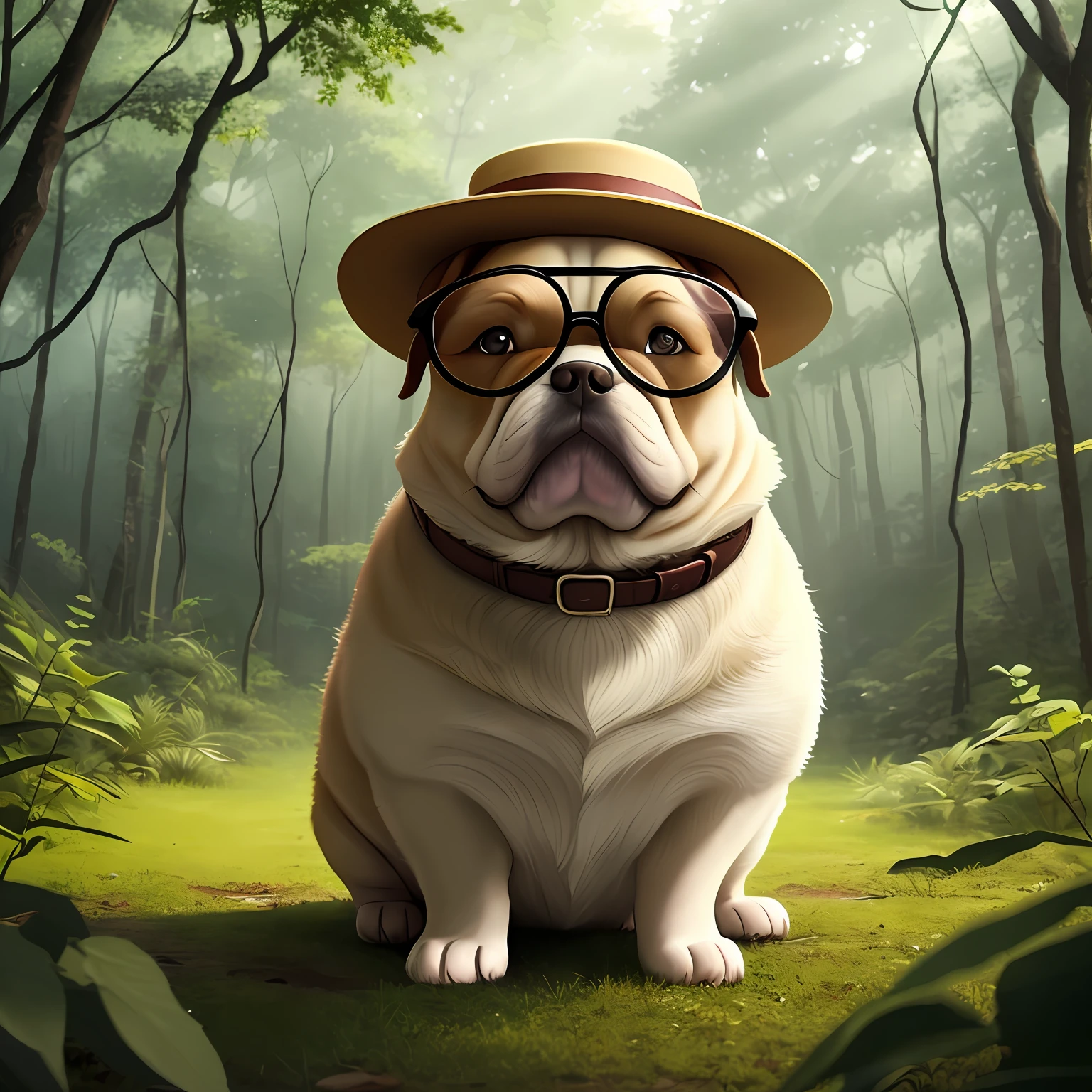 An animated style cute fat dog，It wears glasses and a hat，In the middle of a lush forest。 --auto