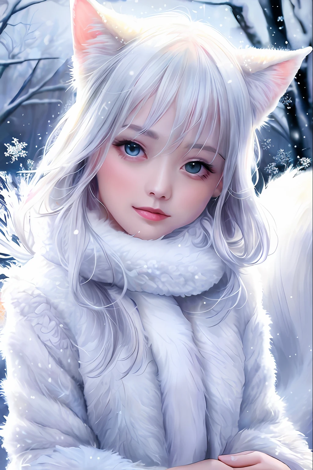 Chinese painting masterpiece high quality white hair girl cute white tiger white fox