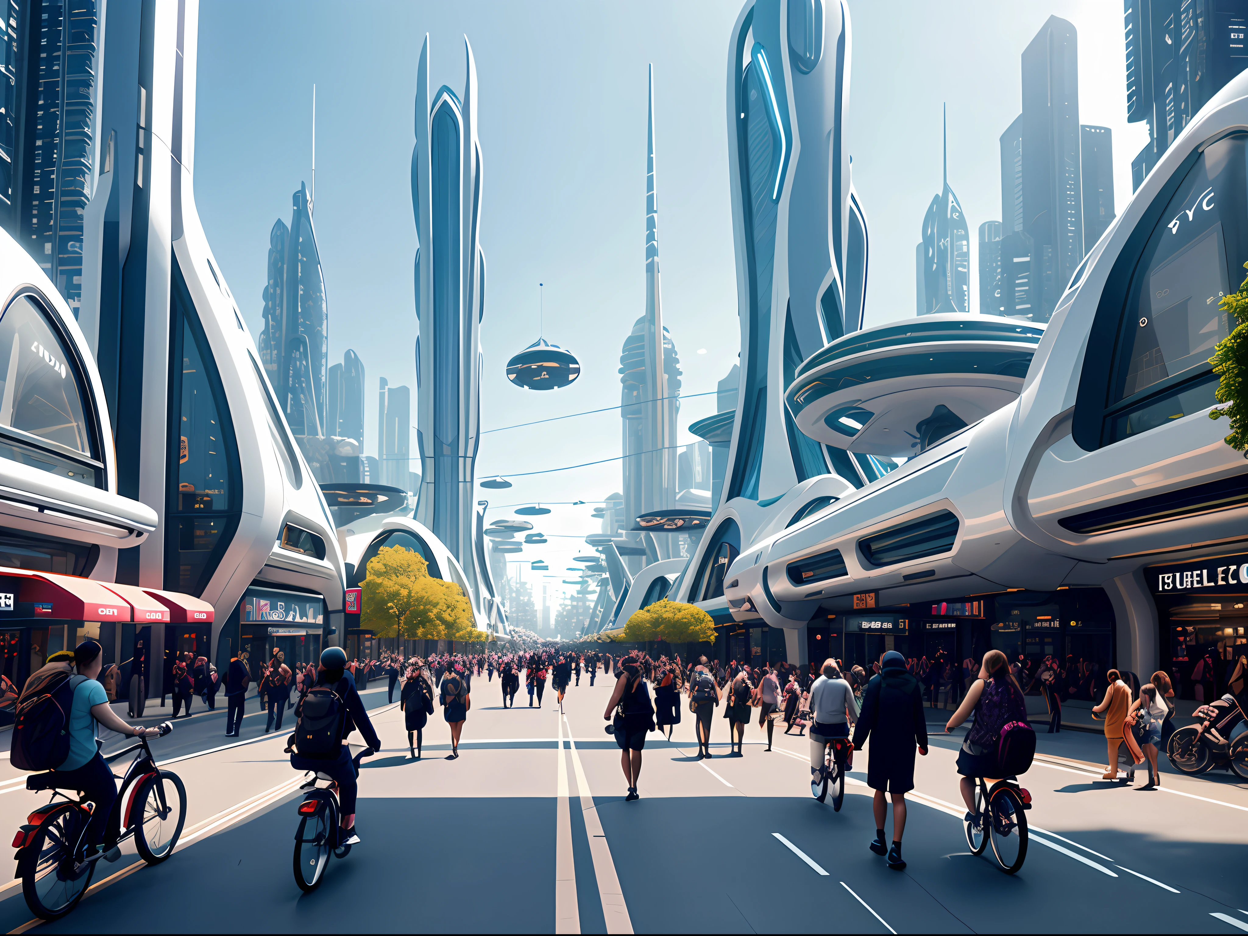 futurecity, day, a bustling city street filled with people walking and riding bicycles. The street is lined with tall buildings, creating a futuristic atmosphere. There are numerous people walking along the sidewalk, some carrying handbags and backpacks. A few individuals are riding bicycles, adding to the lively scene.