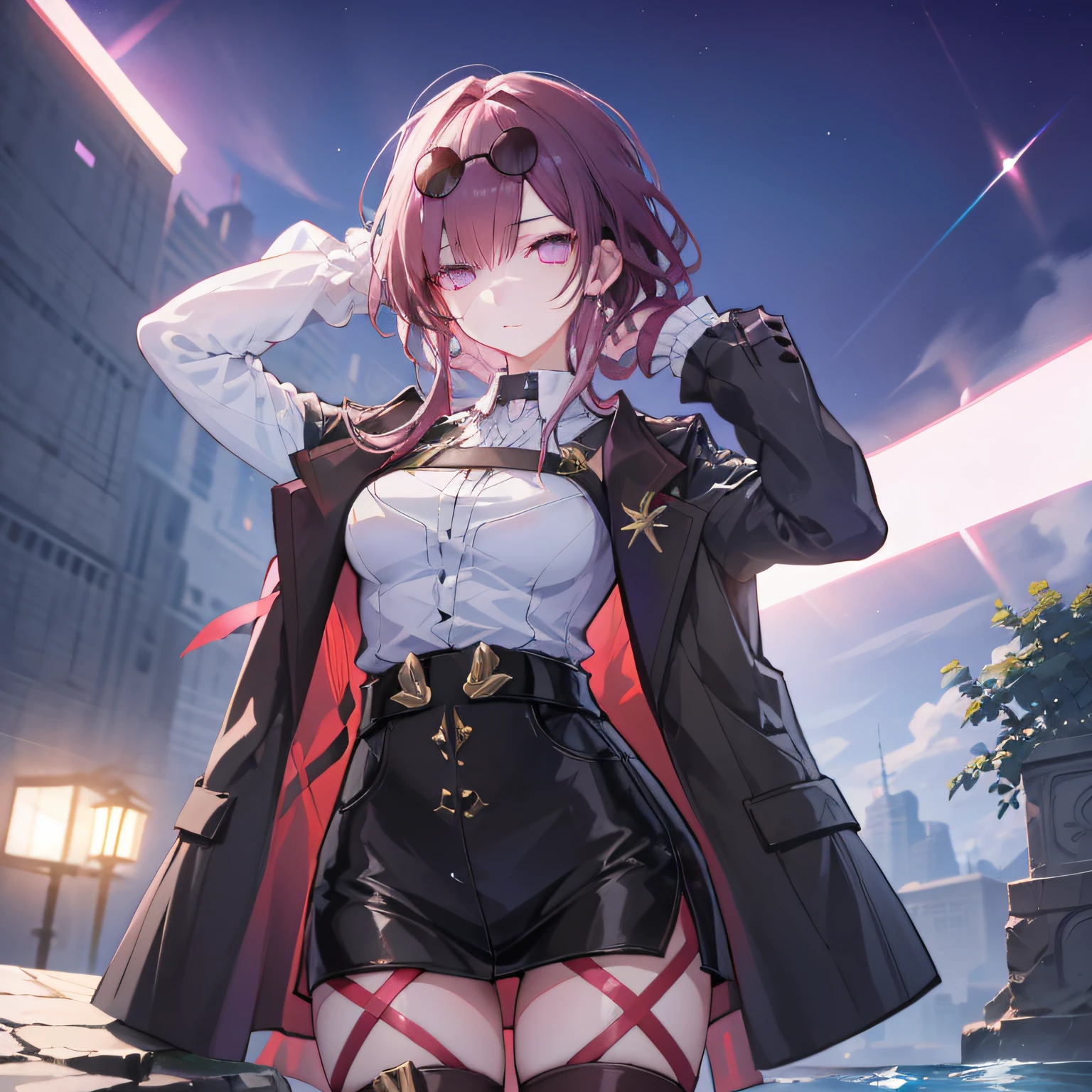 1 girl, solo, splash art, purple eyes, jacket, night, night sky, starry sky, kafka, looking over shoulder, highly detailed, masterpiece, hands behind head, light streaks, lens flare