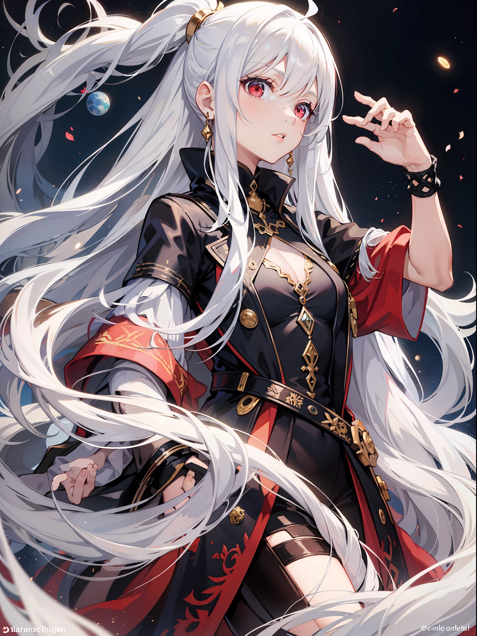Kizi,Duergar,Manteau,red color eyes,jewely,White Snake,shairband,Very long hair,White hair,fully body photo,Planet background