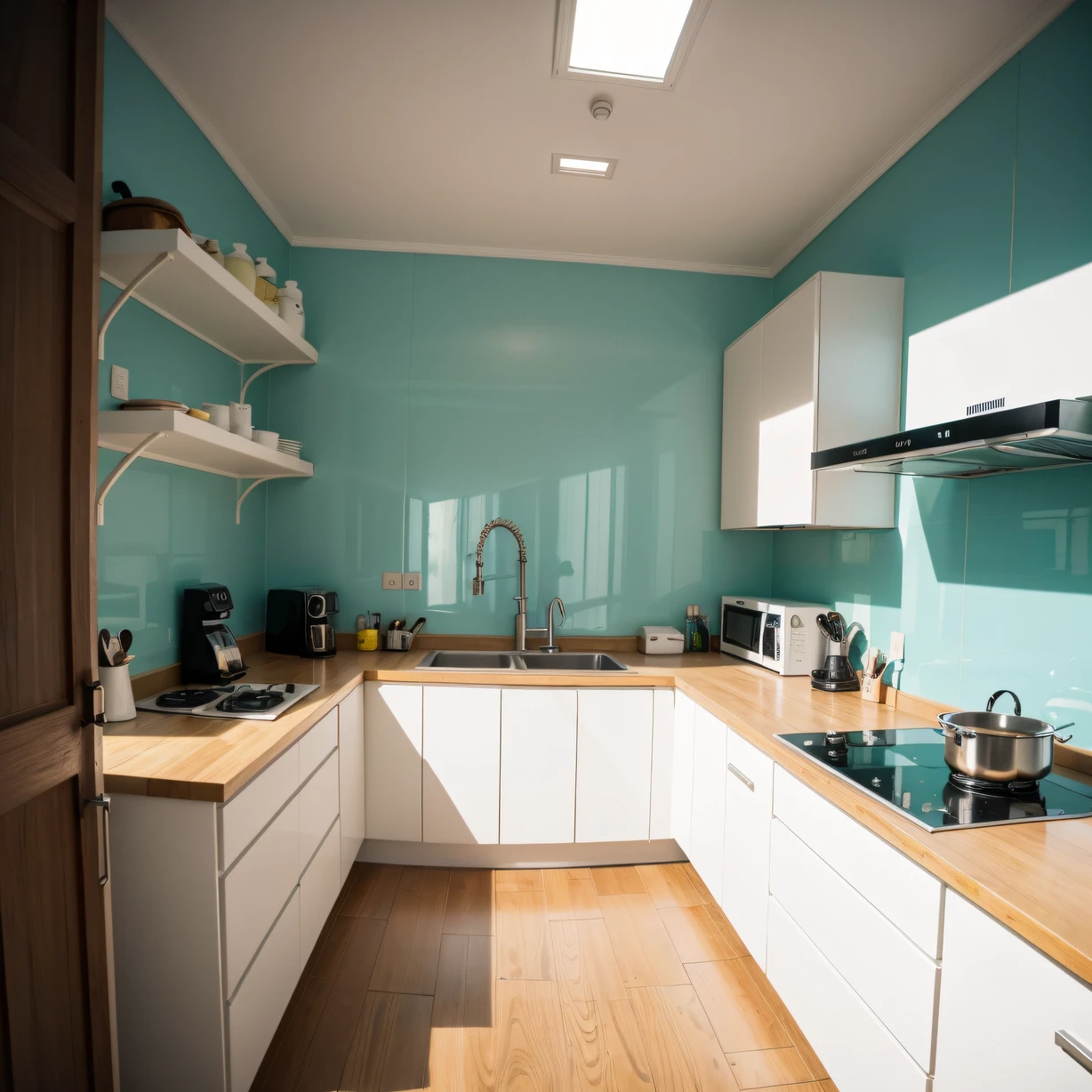 ,masterpiece, best quality,8k, ultra highres,Morning sunlight spills into the kitchen,Reflecting the beauty of Thai style。The walls are bright Thai blue-green,In contrast to the pure white cabinets,It gives a visual impact。On the small bar counter leaning against the wall is a pair of delicate pictogram tableware,It was as if I heard the shouts of street vendors。In the corner is a display shelf for Thai cooking utensils,Make you feel like you are in the world of Thai cuisine。In such a kitchen,You will feel the rich Southeast Asian style,It's as if you can enjoy authentic Thai cuisine at any time。