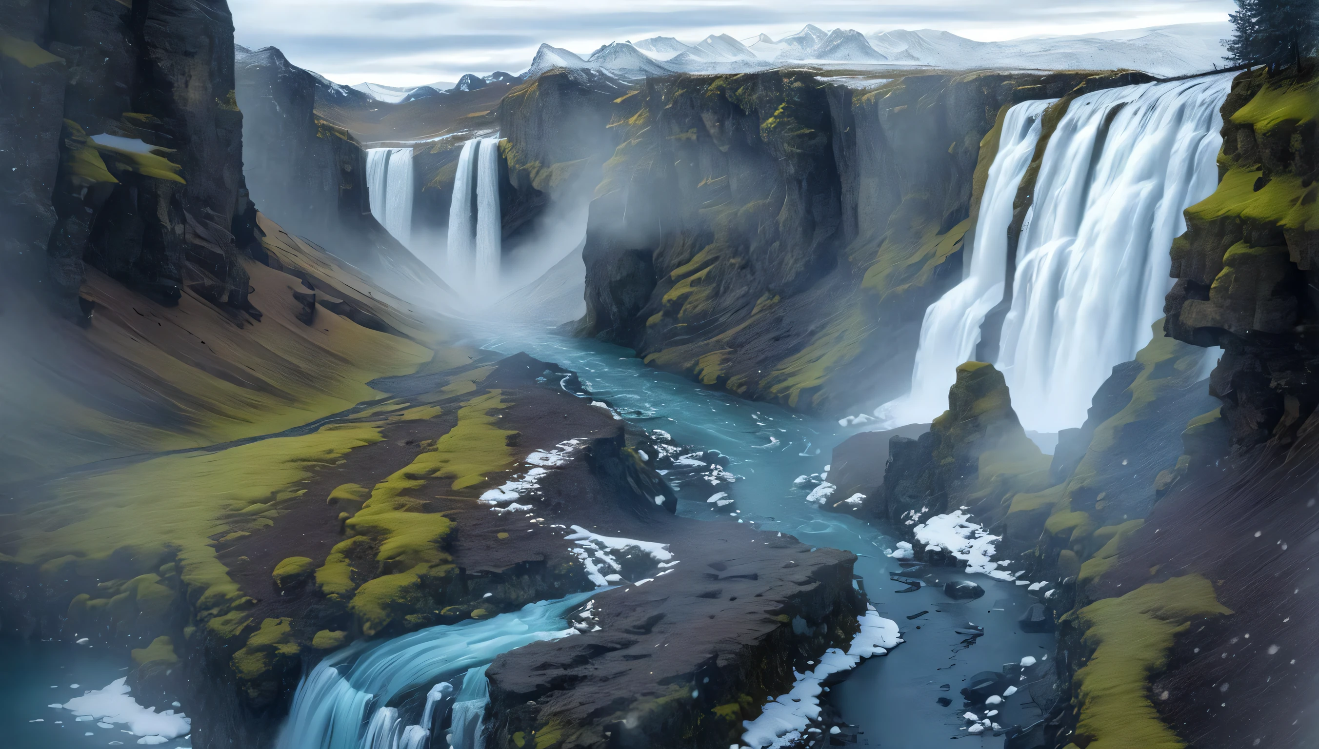 a waterfall with a river running through it and a mountain in the background with snow on the top of it