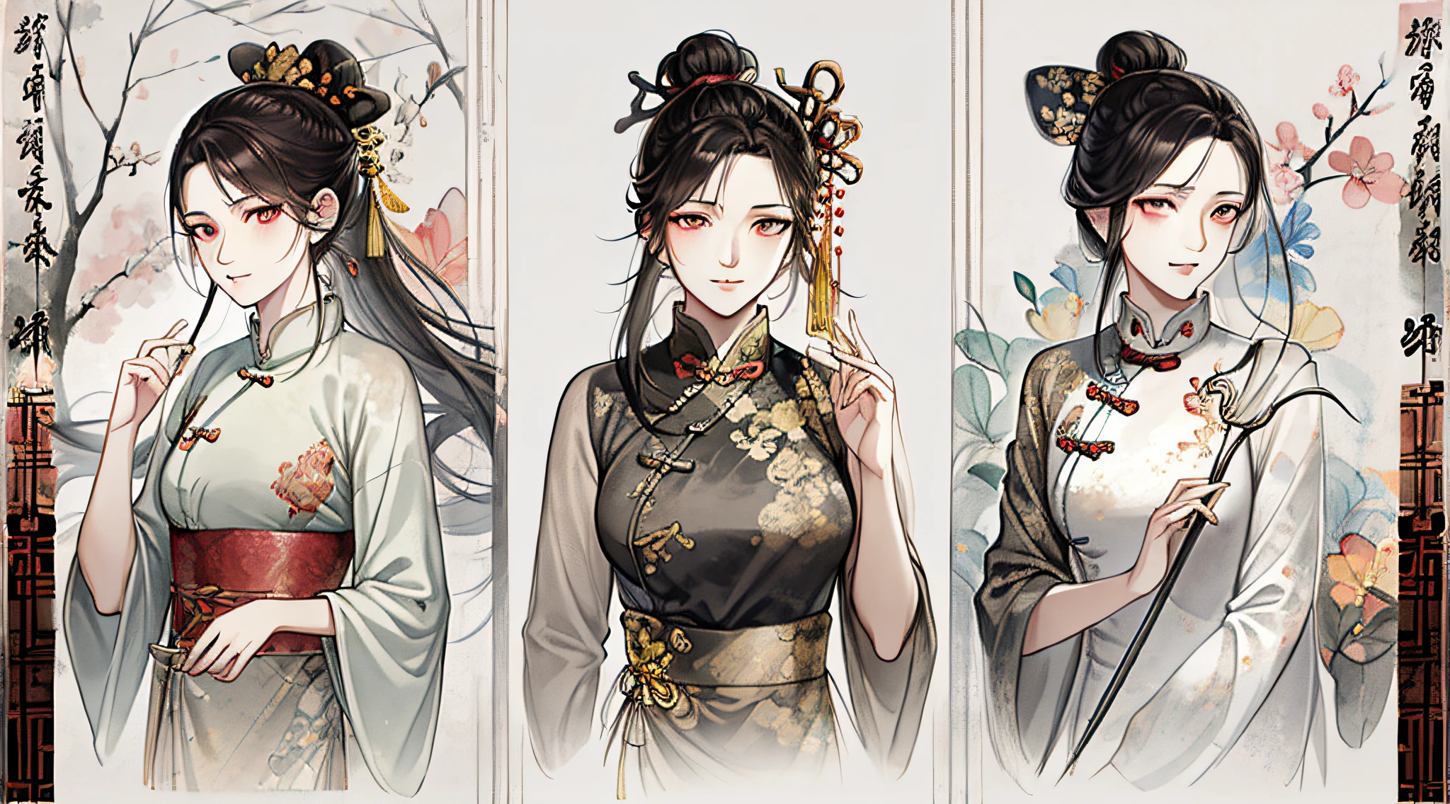 Ancient Chinese Boys,ink wash style,fully body photo,Three View,clean backdrop,full bodyesbian,Game characters