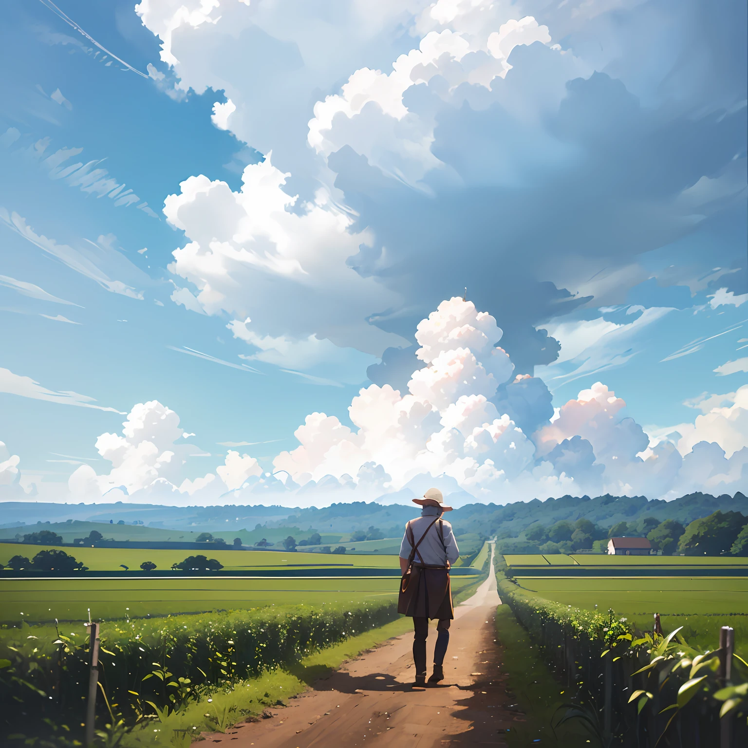 An old farmer carrying a flat burden, walking on the winding path of the countryside, big clouds, blue sky, rice fields, neat rice seedlings in the field, forest, hillside, secluded, countryside, HD detail, hyper-detail, cinematic, surrealism, soft light, deep field focus bokeh, ray tracing and surrealism. --auto --v6