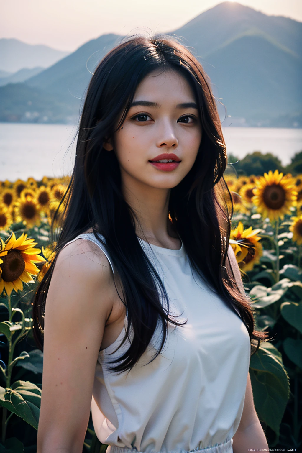 (in 8K、 Raw photography、top-quality,、hight resolution),、(hyper realisitic)、(realisitic),、Soft light、、girl with、Lifelike face、Realistic body、real looking skin、absurderes、masterpiece、Cuties、独奏、Innocent eyes、blusher、Cinema Lights、cherry colored lips、The hair 、a closeup、looking at viewert、 Open lips,、Upper teeth,、(Smiling eyes:0.6)、eyes focus、professionally lit、CG Social Trends、Plastic En、((Black Long Hair))、((Beautuful Women))、(A smile)、Fashionable、(A sexy)、Hair that flutters in the wind、((Flowing hair))、Happy -、fashion magazine、((lighting like a movie))、(Sun flower)、Large sunflower、sunflowers fields、