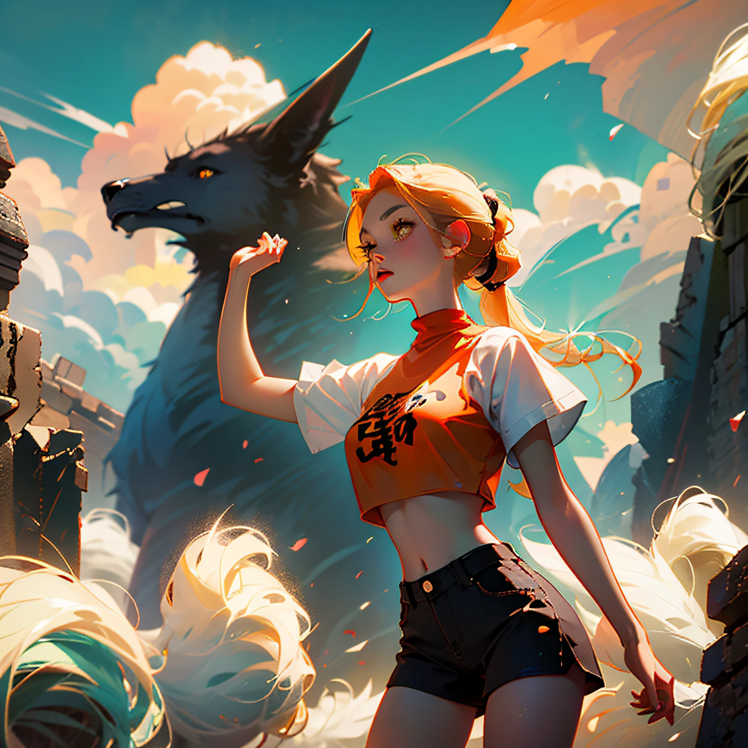s girl,Orange hair ponytail,Yellow eyes,Skinny crop top,short- sleeved,Loose shorts,anime big breast,Ancient wind,smallunderboob --auto