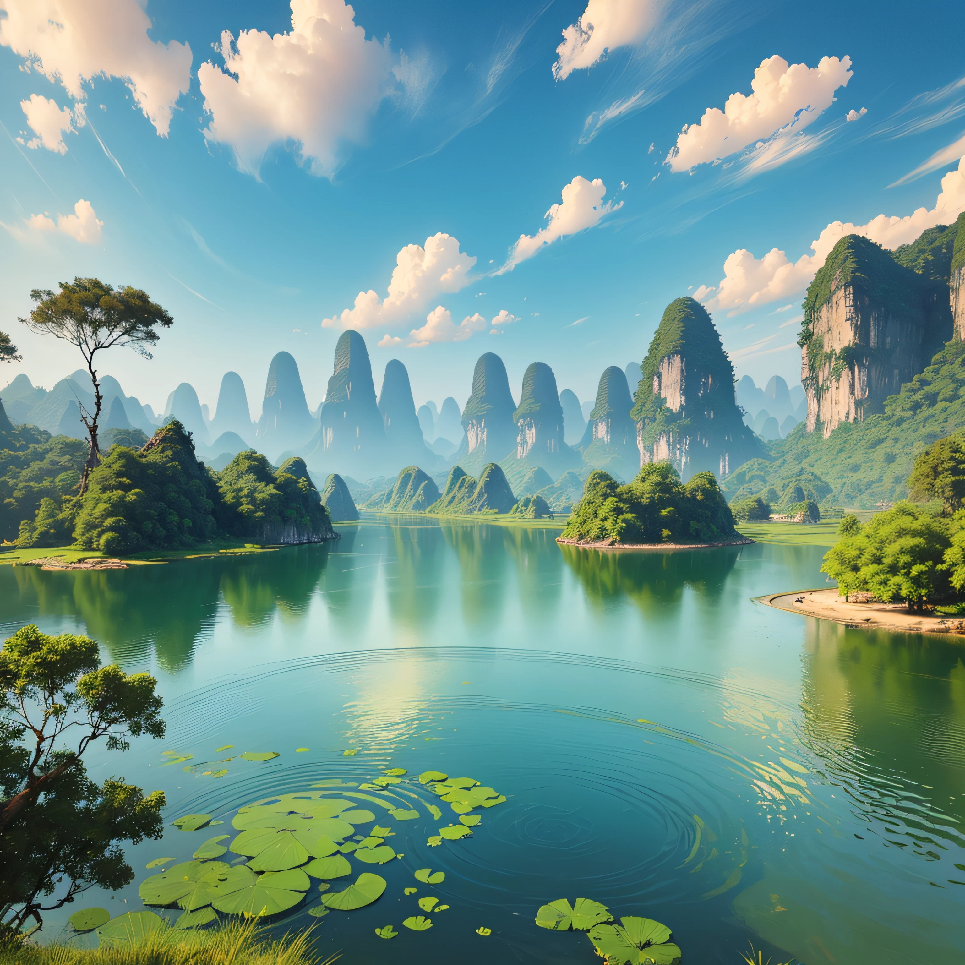 in the early morning，A huge lotus flower blooms between the mountains and waters of Guilin，A little dew on the lotus leaves，cold shades --auto