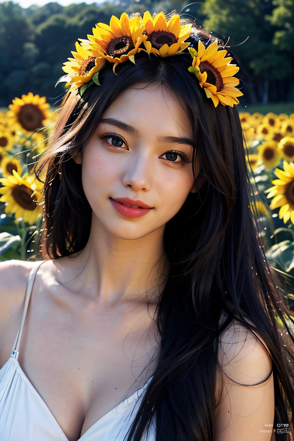 (in 8K、 Raw photography、top-quality,、hight resolution),、(hyper realisitic)、(realisitic),、Soft light、、girl with、Lifelike face、Realistic body、real looking skin、absurderes、masterpiece、Cuties、独奏、Innocent eyes、blusher、Cinema Lights、cherry colored lips、The hair 、a closeup、looking at viewert、 Open lips,、Upper teeth,、(Smiling eyes:0.6)、eyes focus、professionally lit、CG Social Trends、Plastic En、((Black Long Hair))、((Beautuful Women))、(A smile)、Fashionable、(A sexy)、Hair that flutters in the wind、((Flowing hair))、Happy -、fashion magazine、((lighting like a movie))、(Sun flower)、Large sunflower、sunflowers fields、