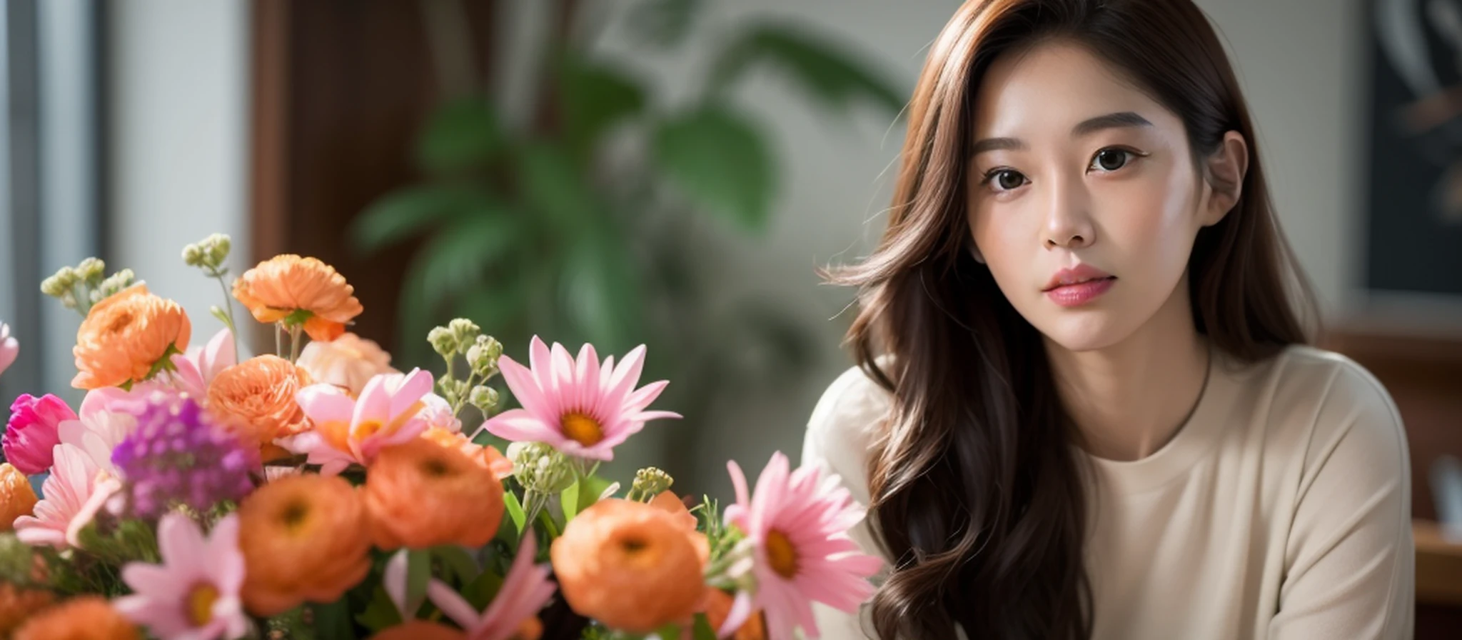 There was a woman sitting at the table，Holding a vase of flowers in his hand, With flowers, portrait shooting, Fanart, woman in flowers, female portrait with flowers, sitting with flowers, beautiful Korean women, imagem de qualidade alta, female actress from korea, flowers on the cheeks of the heir, korean artist, Beautiful young Korean woman, krystal, 8K Artgerm bokeh, flowers in the background