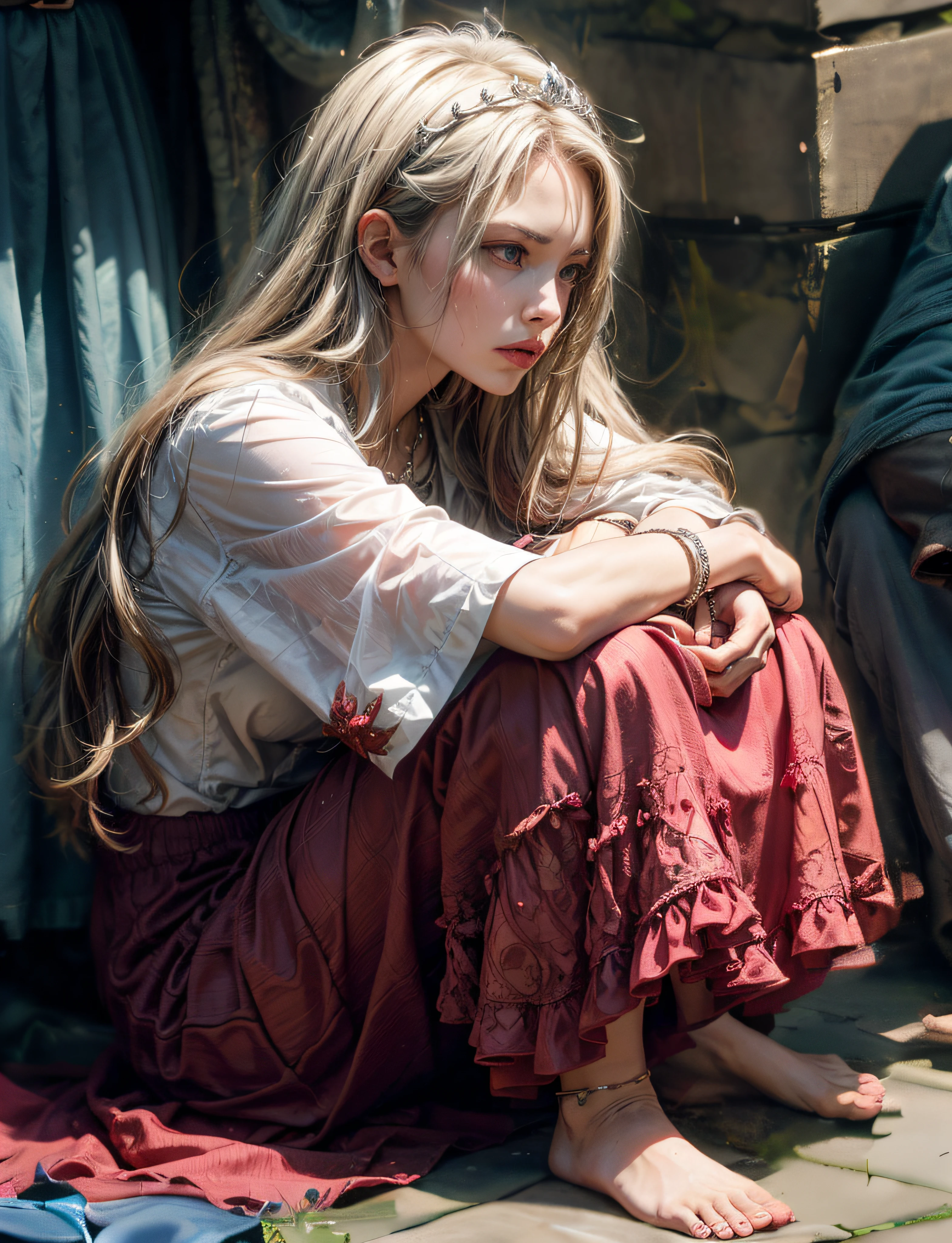 （Realistis：1.4），medieval times，8K，After the war，top down shot，wide wide shot，Close-up，low angles，low  angle shot，Elevation angle，Close-up,Get close to the character，dramatic scene，A princess，The richly dressed princess sits by the devastated city walls，The city is full of beggars，Full of ragged beggars，overcast day，Drizzle，A sense of contrast，and it is raining，Helpless beggars，A group of beggars looked at the princess，Comic storyboard，sad expressions