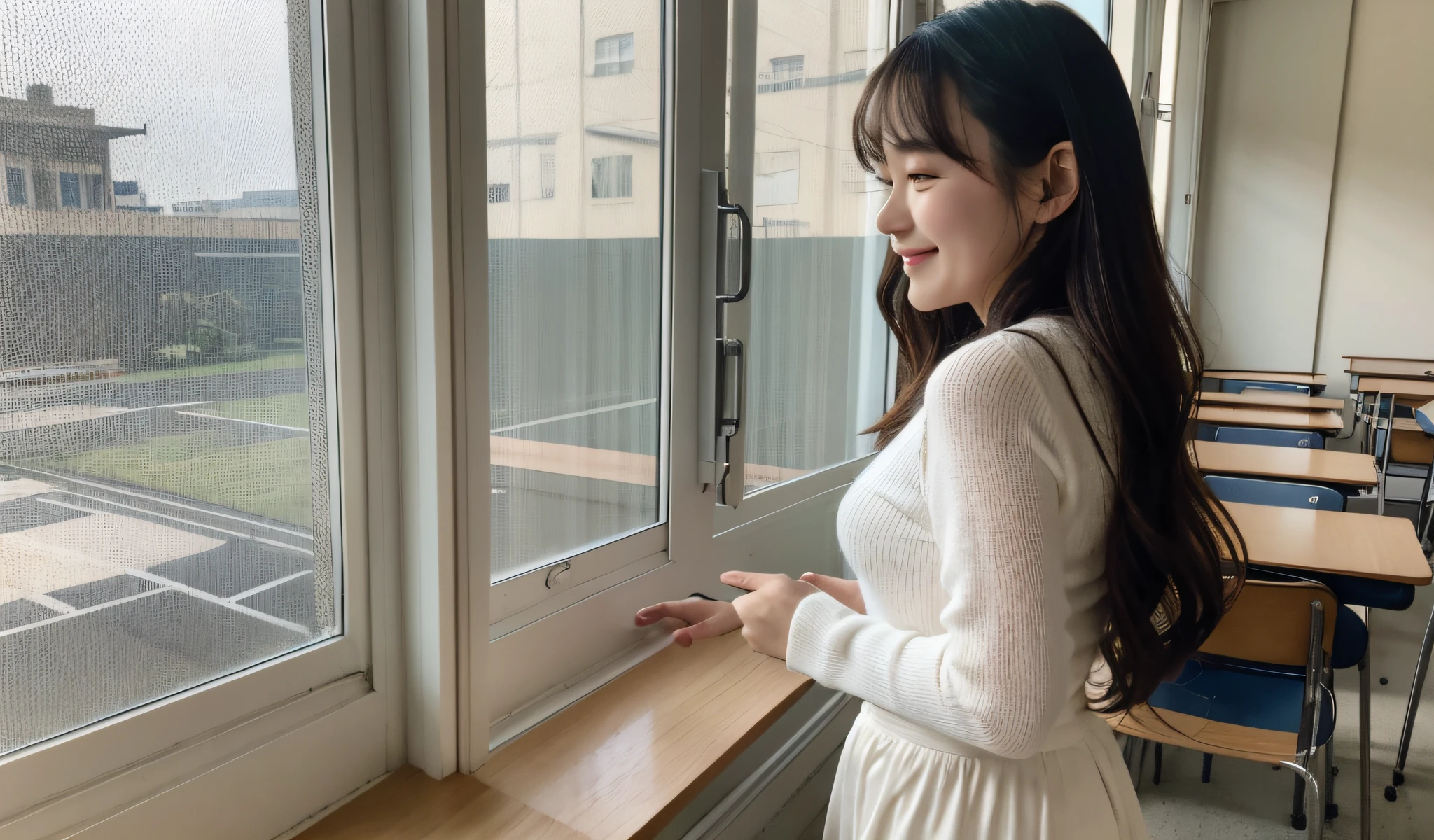 4K, best qualtiy, high detal, 超高分辨率, fully body photo, Professional images,Faraway view,Woman, delicated face,black-skinned,ssmile,slightly fat figure, Classic wavy long hair,long skirt,longer sleeves,By bangs,Classroom