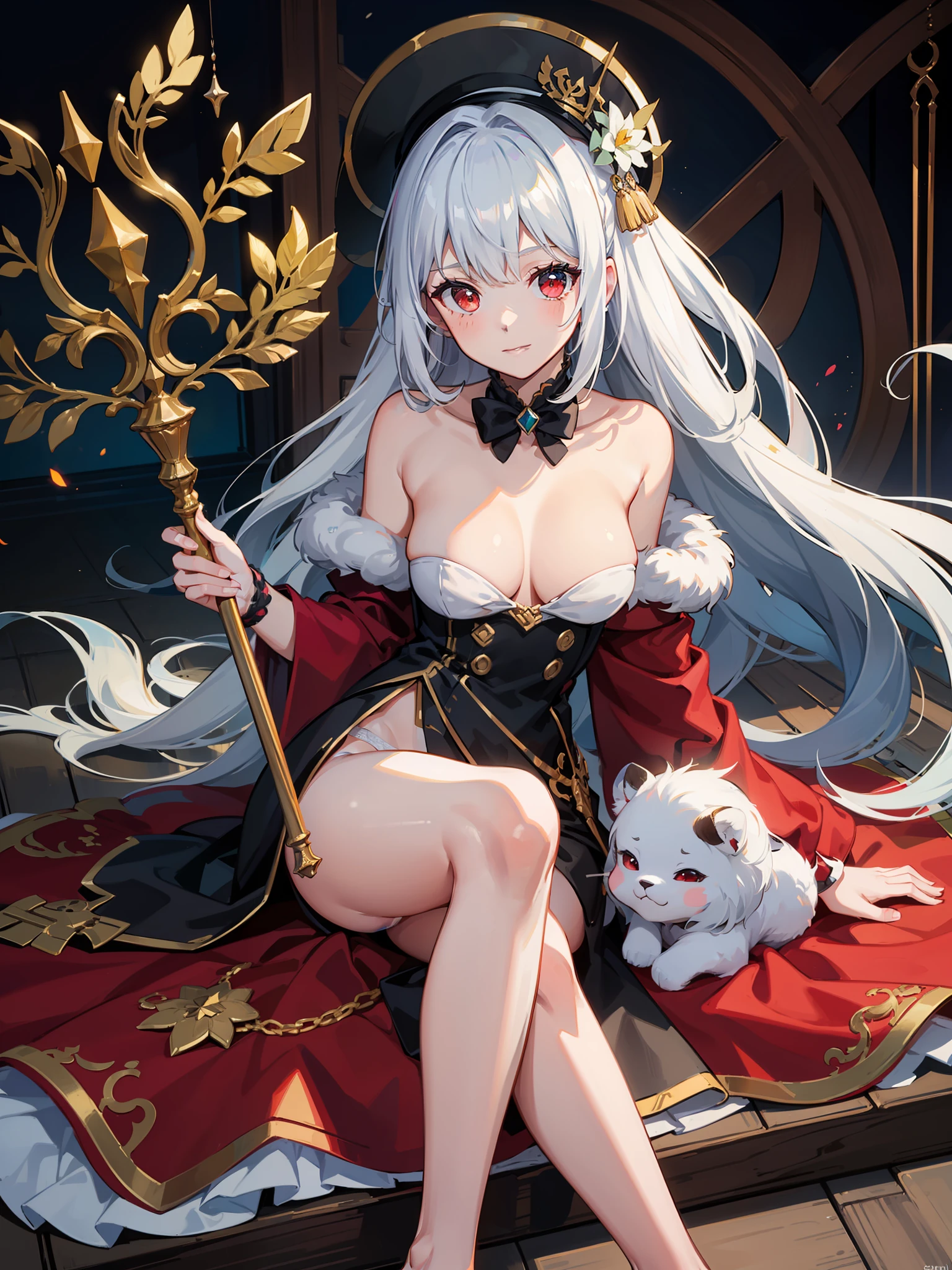 skadiCH hairstyle, Costume - Scatić, 1girll, long whitr hair, 独奏, Red eyes, nedium breasts, long whitr hair, The barefoot, staff member, greyt hair , By bangs, naked leg, upper legs, Hold the staff, bucket-hat, aqua headwear, mediuml breasts,A pair of white panties hangs from one leg,Critical area occlusion