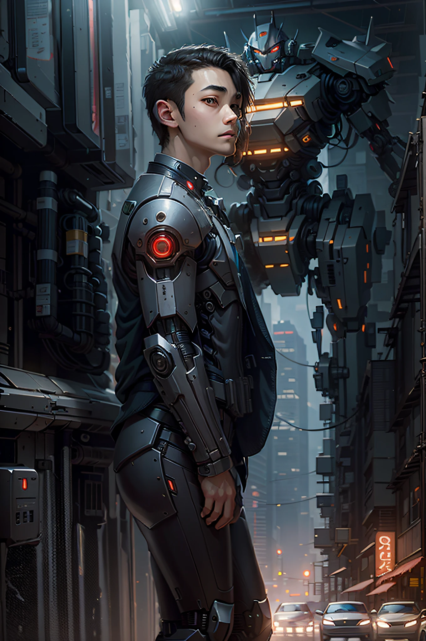 Anime boy in mecha suit，Anime boy mecha，digital cyberpunk anime art， 8 k，，Mecha network armored boy