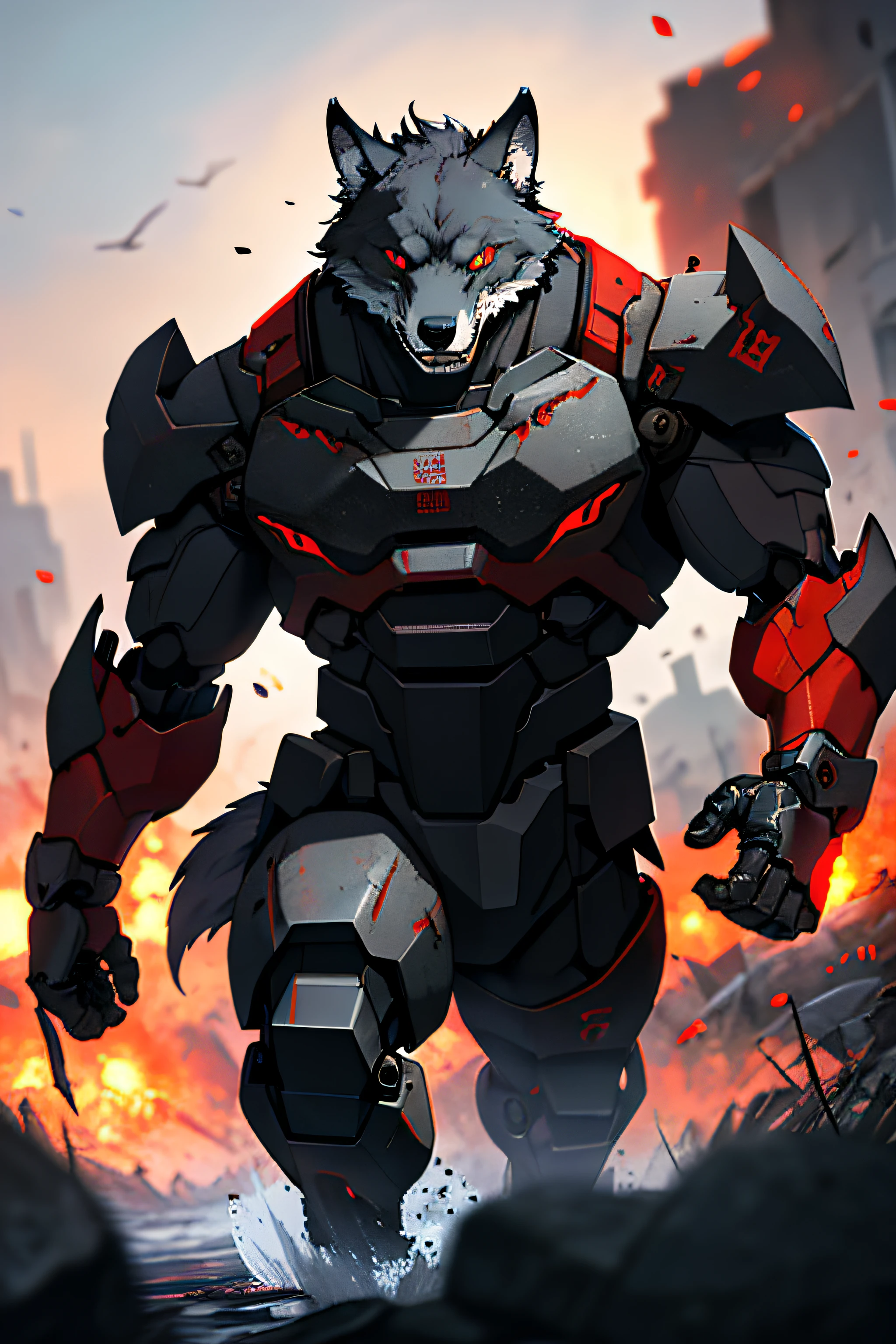 Hungry Wolf,red eyes,3x3 eyes,mecha danshi,masterpiece,best quality,dusk,Battlefield,muscular male,depth of field,messy,