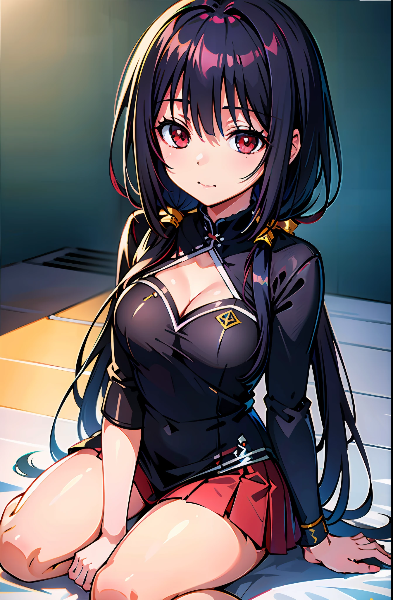 arafed girl with black hair and a black top sitting on a white floor, belle delphine, red twintail hair, anime girl cosplay, tokisaki kurumi, anime girl in real life, anime cosplay, 1 7 - year - old anime goth girl, anime style mixed with fujifilm, tokisaki kurumi cosplay, ddlc, lolish, holo