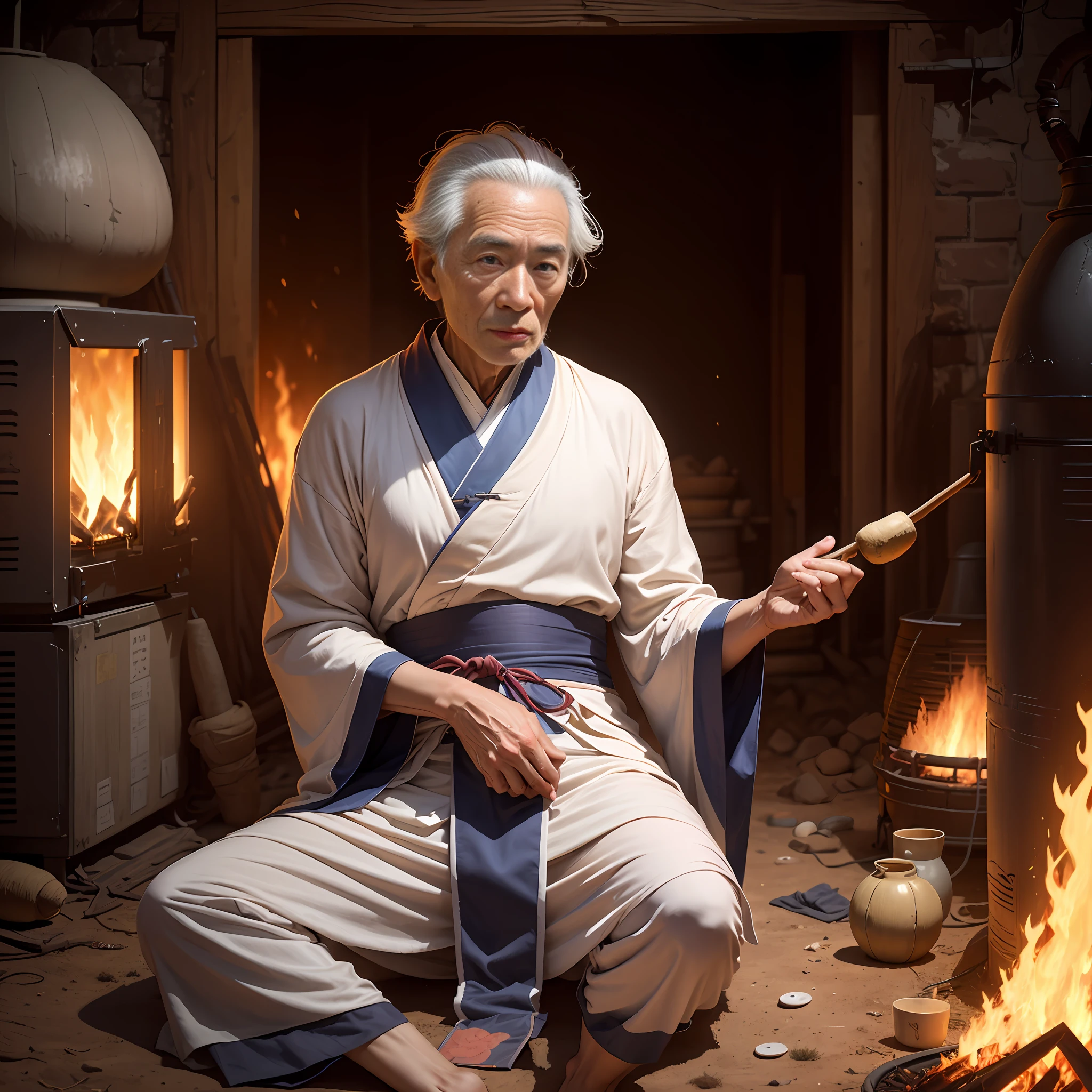 An old Taoist priest in a Daoist robe sat by the furnace to practice pills，A chicken paw-like hand holding a fan to fan the fire，Holding a medicine gourd in his left hand，Bunched hair，The face is lewd，wrinkles，The ground is covered in heaven，Leper head，hole in the mountains。 --auto