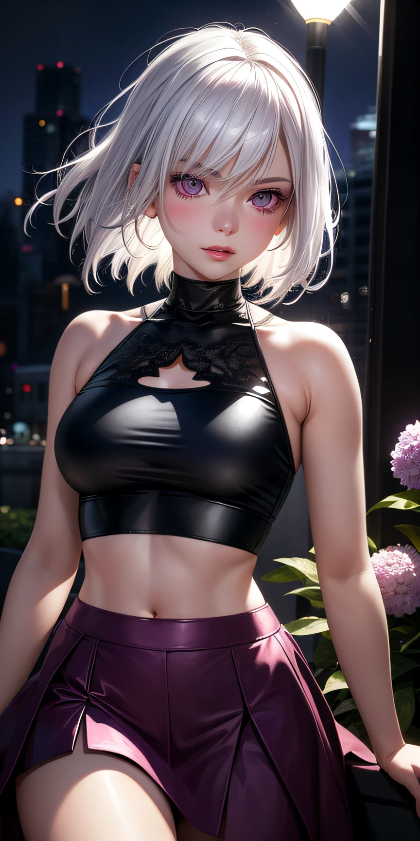 realistic, 1girl, white hair, purple eyes, glowing eyes, crop top, skirt, parted lips, blush, night, flowers, sun, sunlight,