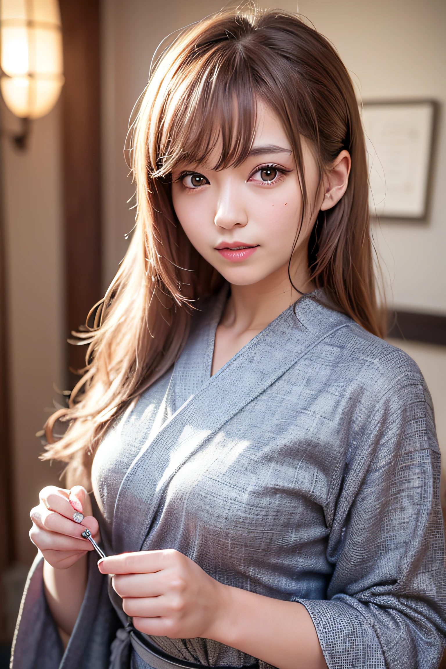hightquality, top-quality, Photorealsitic, Raw photo, realisitic, Ultra-realistic 8K CG, ultra-detailliert, high-detail, masterpiece, 1girl in, length hair, silber hair, proximity, intricate detailes, Wearing a yukata