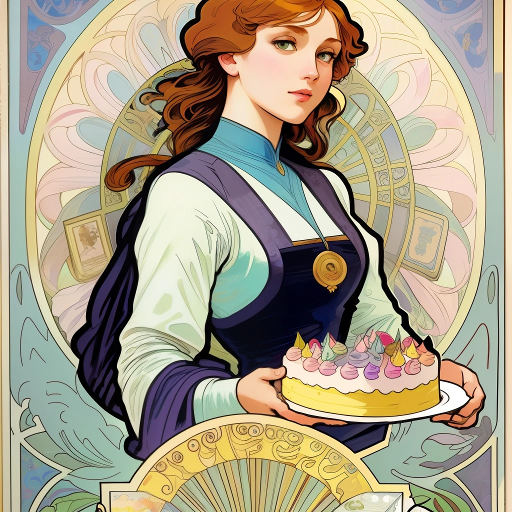 Poster close-up、comic strip、Cat and birthday cake poster、Modern Art Nouveau、Alphonse Mucha、Alphonse Mucha style、Raphael and Alphonse Mucha、Art New、ginger。jugendstil、Artem Demurat Alphonse Mucha、jugendstil、Mucha Art Nouveau、Art Nouveau masterpieces