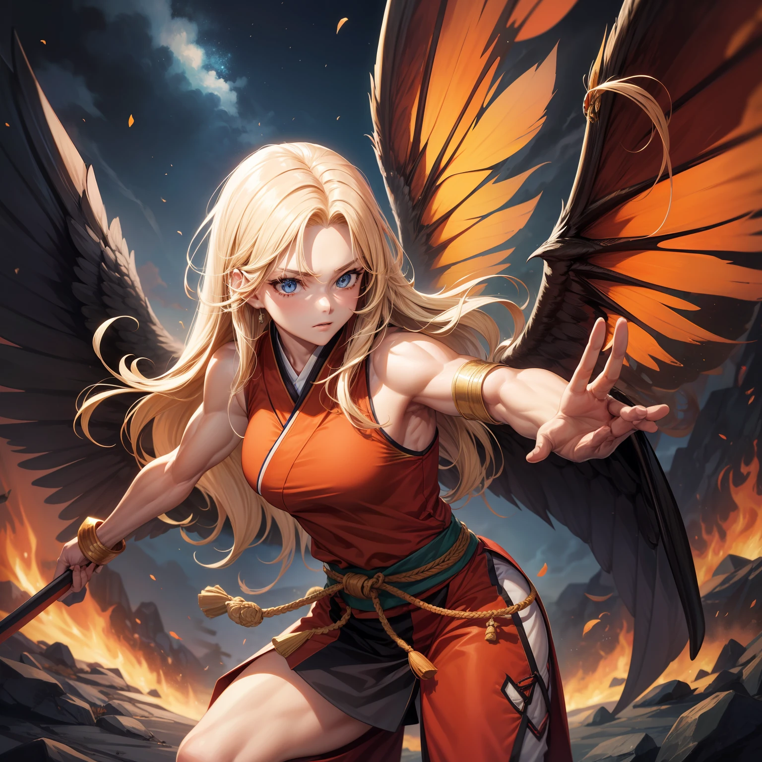Japanese anime,27years old,ember,musculature,Wings,Long blonde hair stands on end,eBlue eyes,Orange martial arts costume ,Need,