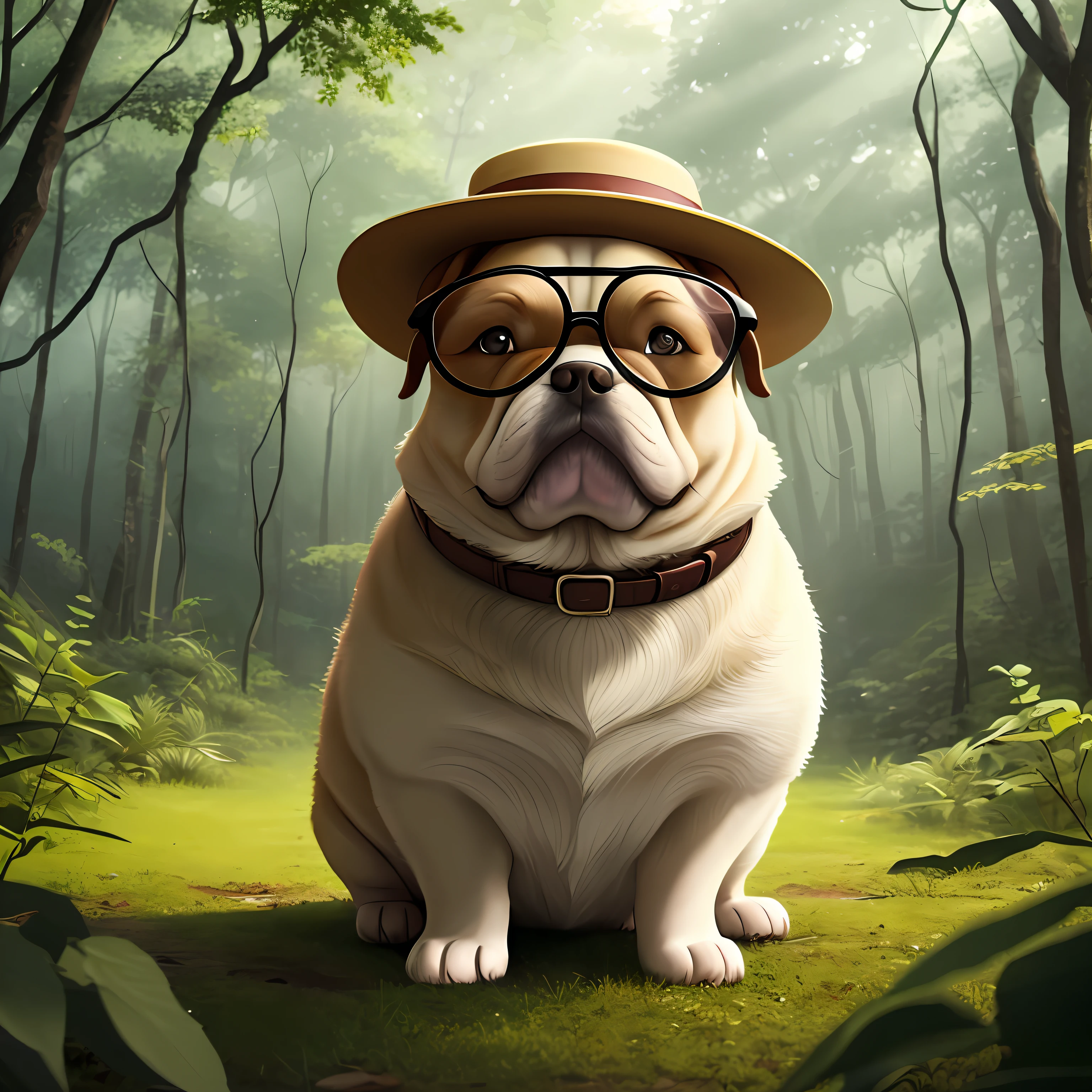 An animated style cute fat dog，It wears glasses and a hat，In the middle of a lush forest。 --auto