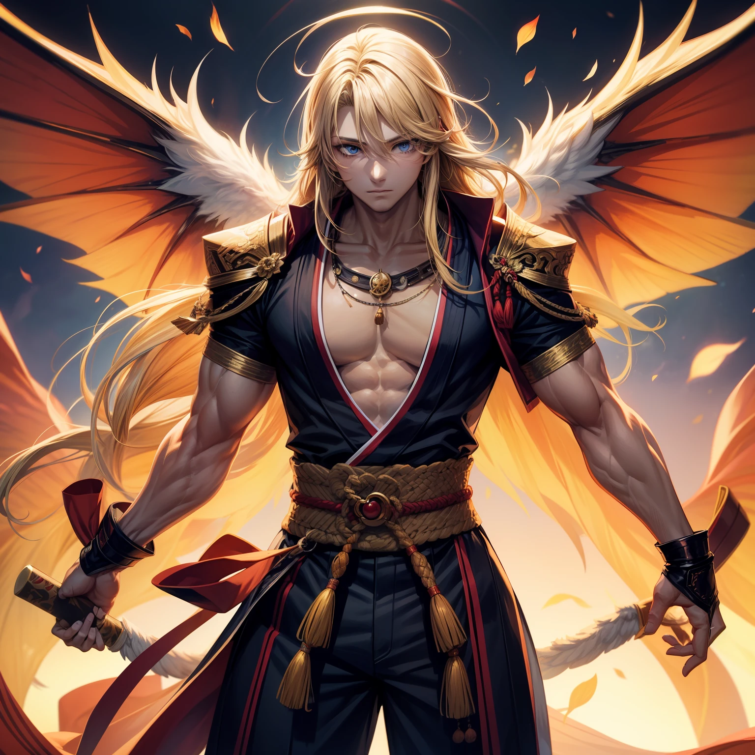 Japanese anime，27years old，ember，musculature，Wings，Long blonde hair stands on end，eBlue eyes，Orange martial arts costume ，Need，