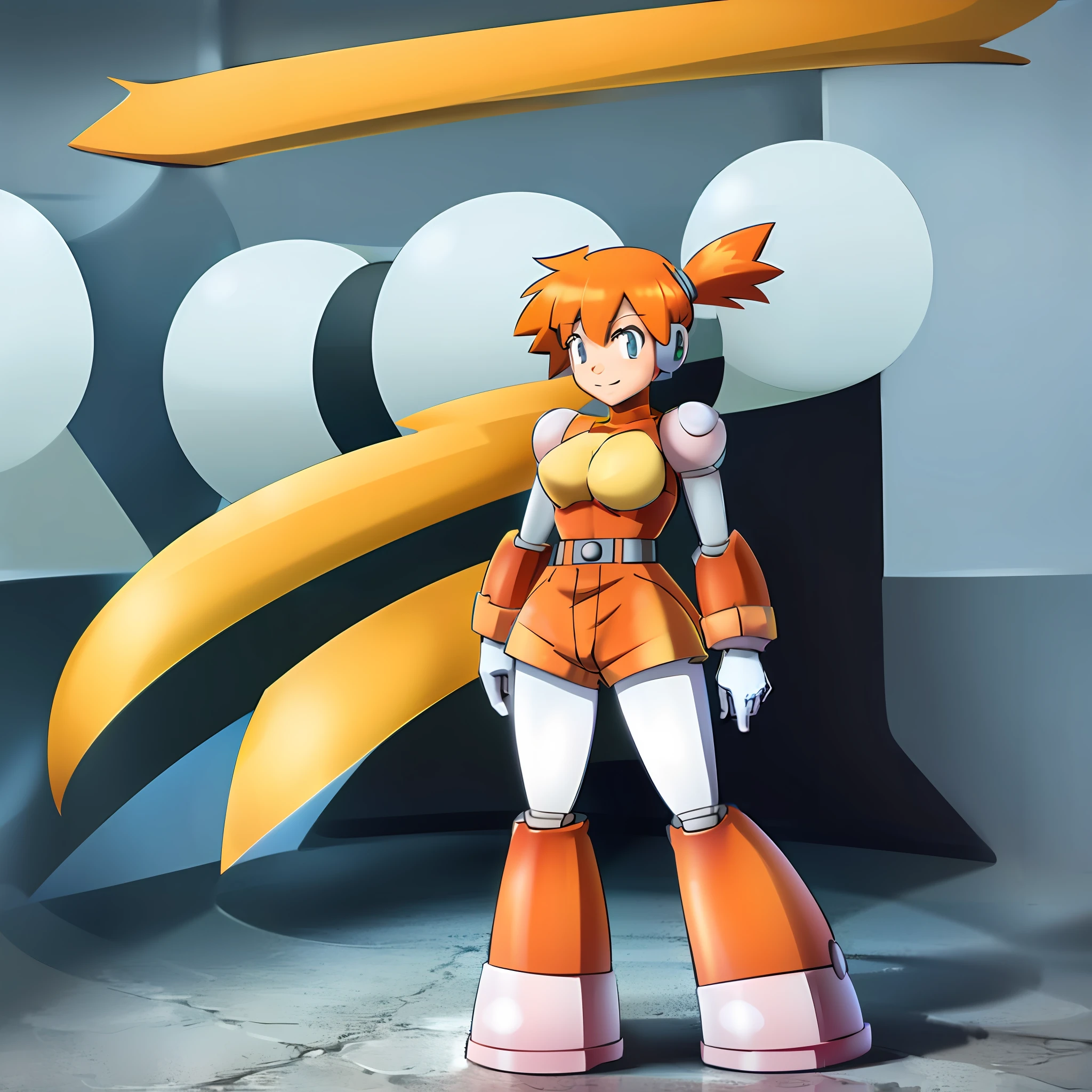 Pokemon_Misty, orange hair, solo, shorts, suspenders, Large side ponytail, orange hair, yellow shirt, short hair, shorts, smile, cowboy shot, standing, outdoors, Heavily armored, cybernetic heavy armor, arm gloves, knee-height skirt, heavy cybernetic boots, heavy cybernetic arms, heavy cybernetic torso, waist belt, megamanX heavy armor, bulky megamanX armor, reploid armor, heavy Hair, Armored cone dress, Extremely Heavy body armor, large wide dress, Waitor Dress, Heavy Torso Armor, wearing headset, wearing scarf, wearing hair bandanna, pokemon-Ranger outfit, heavy ranger outfit