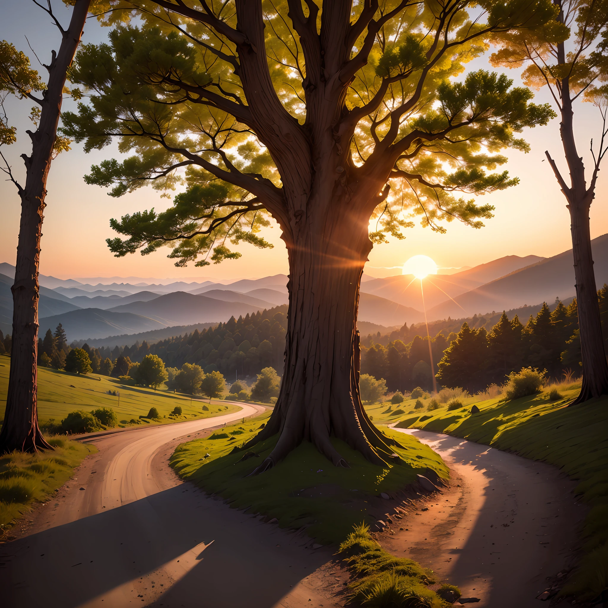 Endless mountains，Endless woods，There is a very large tree in the middle，the setting sun --auto