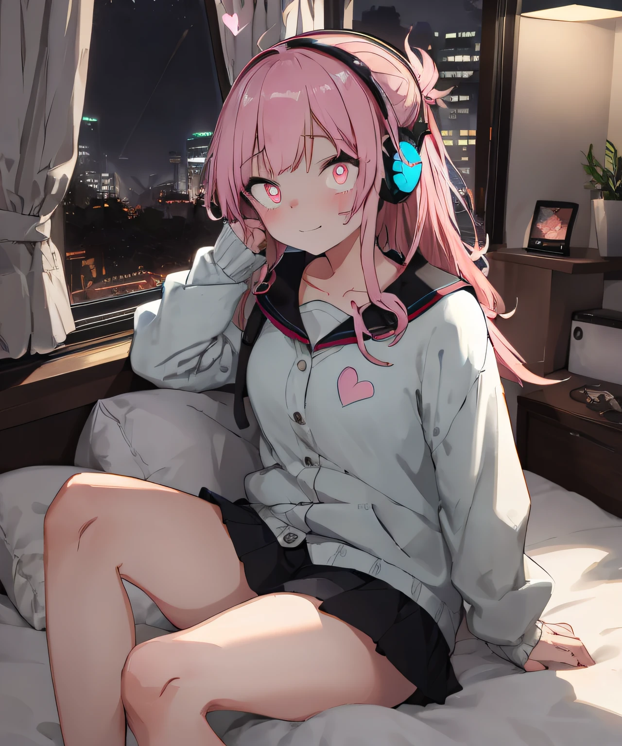 masterpiece, best quality, ultra-detailed, illustration, an extremely delicate and beautiful, cute, girl, energetic, active, Cute, girl, gamer, playing videogames, pink hair, glow, neon, neon glow, dystopic, heart-shaped pupils, headphones, window shade, rain, night time, long hair, futuristic, bedroom, stuffed animals on bed, cozy, sitting on bed, dark room