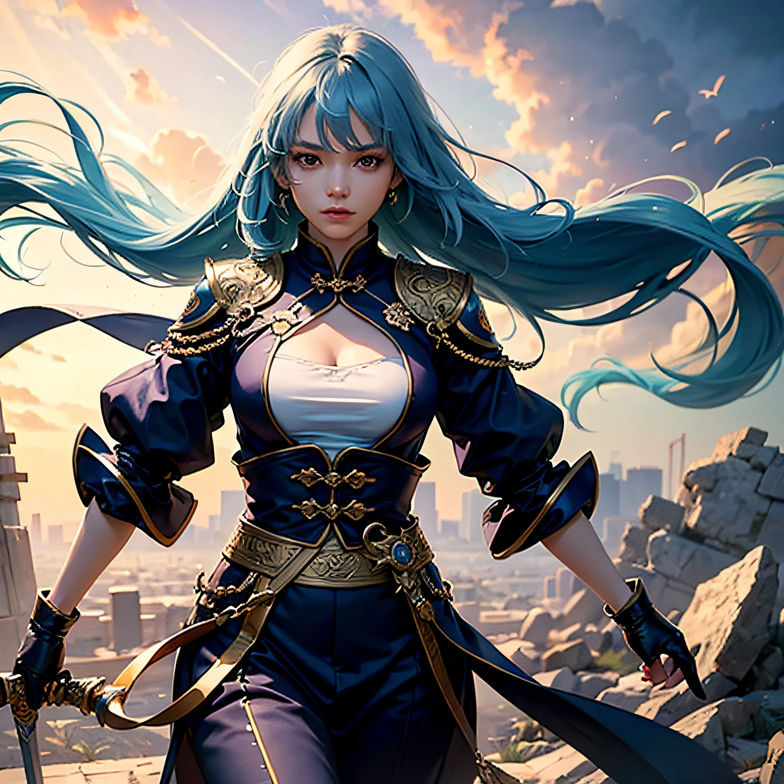 swordsmen, Tachi, The sword qi of the Chinese dragon, Domineering, Standard female, light blue hair, serious, anime, masterpiece, ccurate, UHD, best quality, highres, award winning, high details --auto