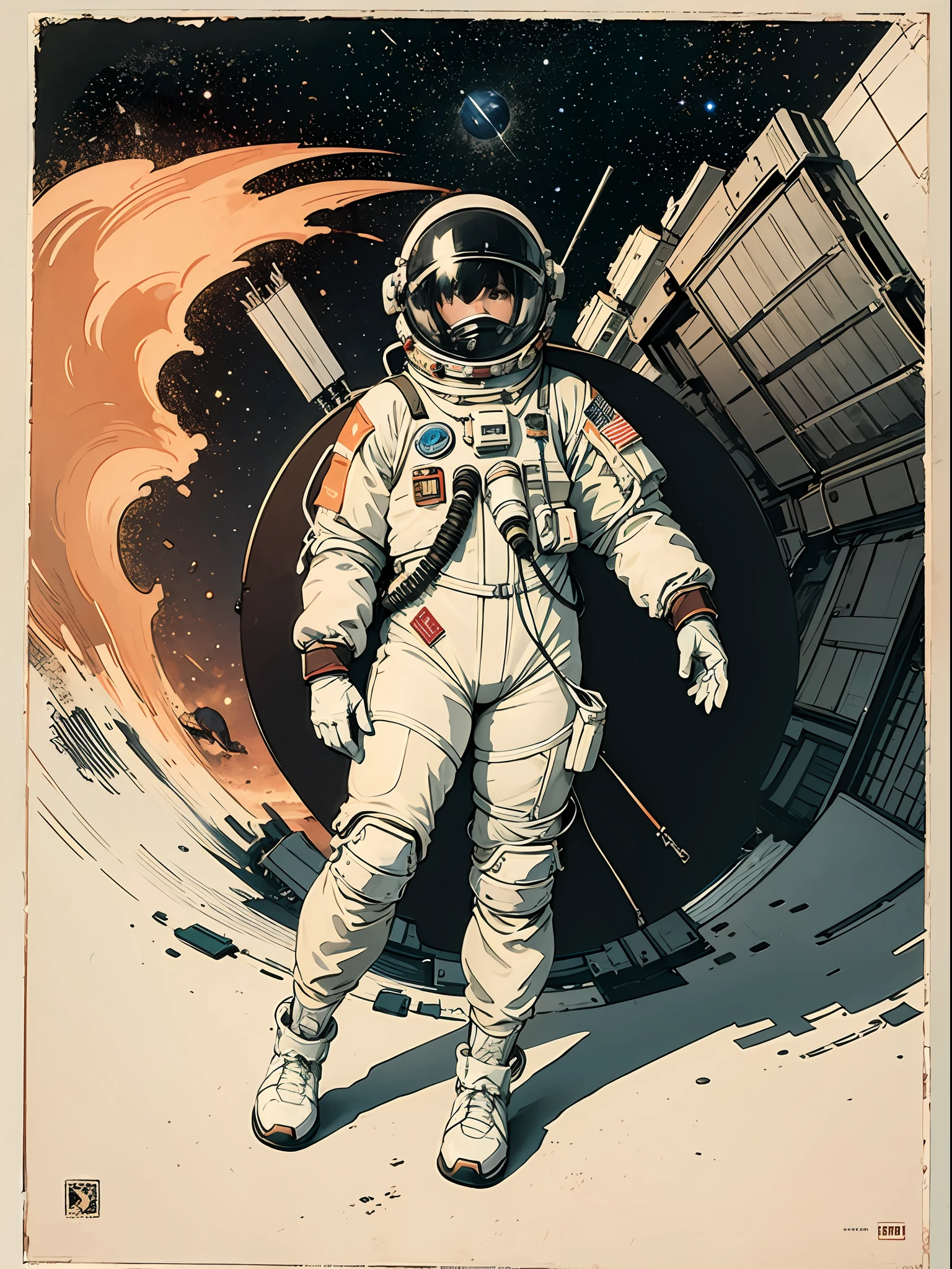 CCCPposter,sovietposter,Red monochrome,USSR Poster,urss,communism,,space suit:Orange_clothing_body:jumpsuit ), white_gloves, white_space shoes, white_helmet, CCCP red letter on the top of the helmet, in weightlessness, Side light, reflection, The person in the spacesuit is in the lower left of the picture，The right hand is outstretched，The right hand gently touches the Salyut space station），Space station in the upper right corner of the screen，The sun reflects light，Silver metal，red flags，luster，style of the USSR，diffused reflections，metalictexture，The vista is the blue earth，in mecha style,star ocean,high key,Homem-Imponente