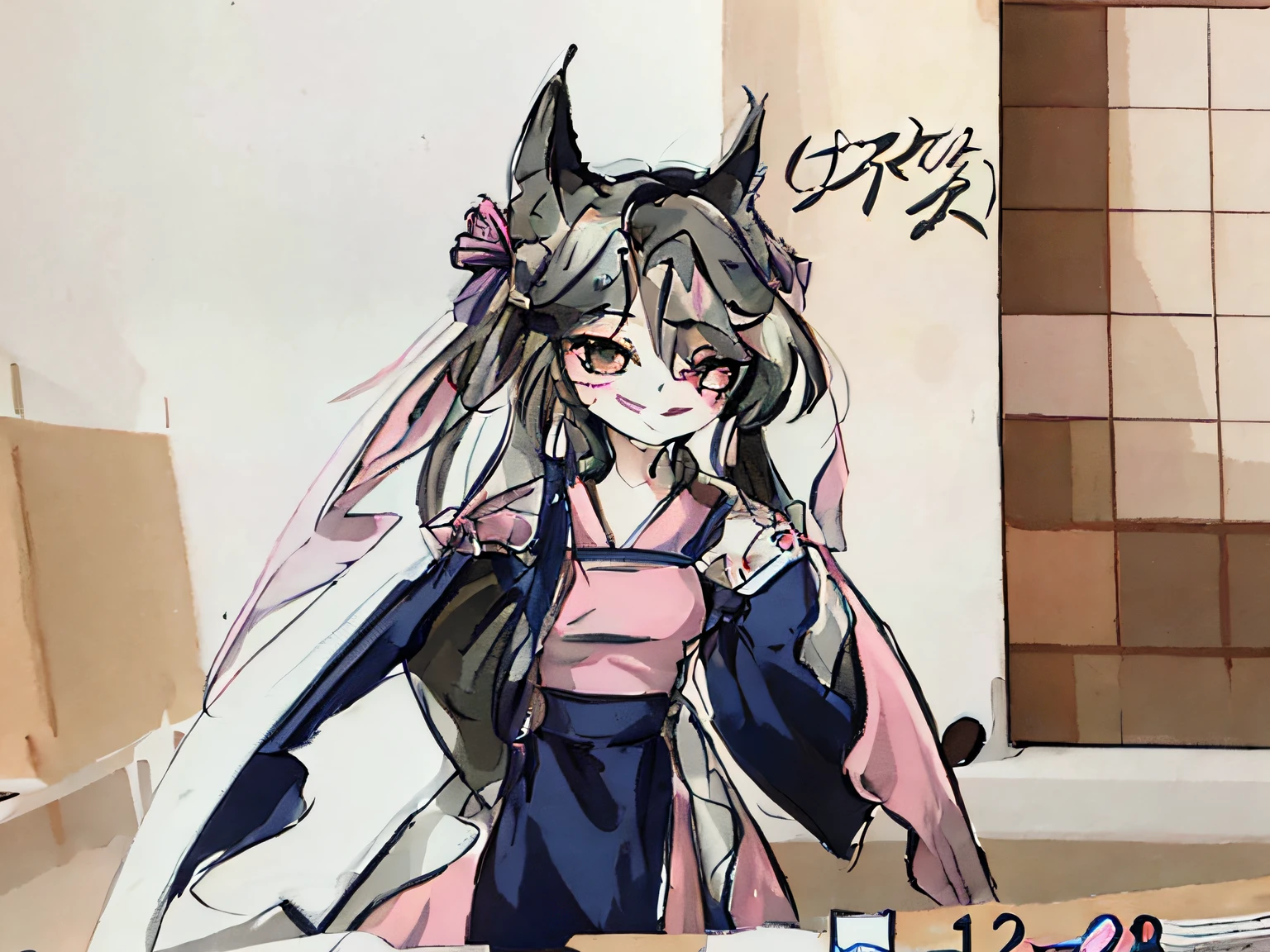 Sketch of a woman with a cat on her head, anime sketch, 2 0 2 2 anime style, 2022 anime style, in an anime style, an anime drawing, In a Japanese anime style, Doodle, flat anime style shading, Anime Paintings, as an anime character, comic drawing, in ryuuou no oshigoto art style