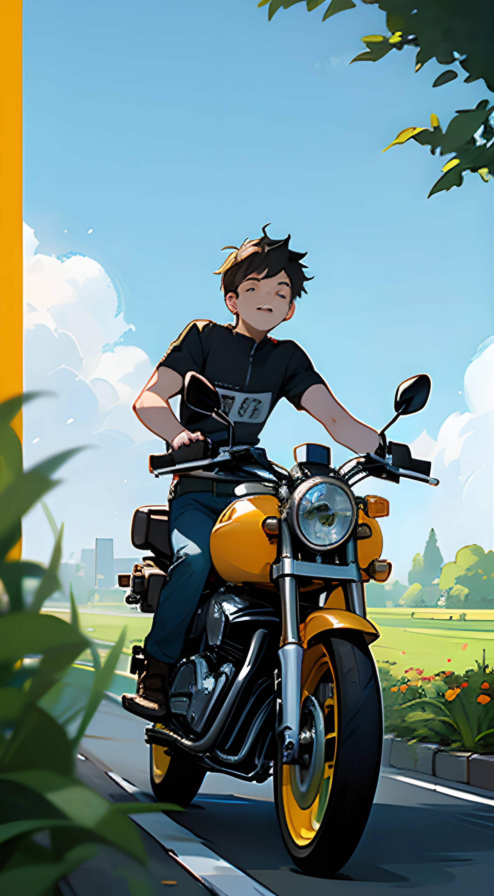 (high high quality)Motorcyclical(younge boy)Show on the(On wide meadows)swim,Wear a summer T-shirt,The direction of the ride is greeting(Brilliant sunshine),Behind him is(Vibrant garden)。