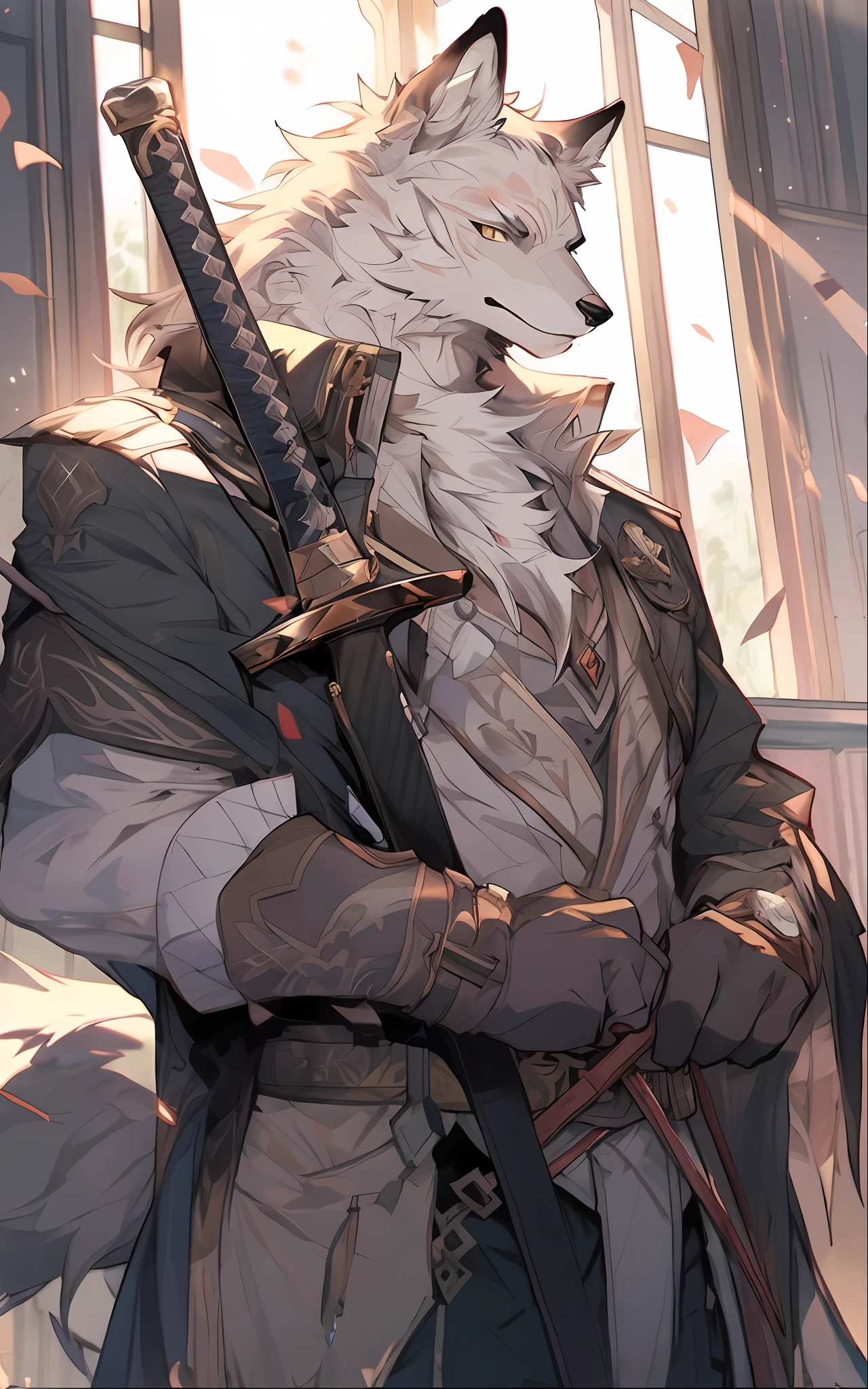 Anime, Anime art, White wolf, sword, sword, sword, sword, sword, sword, sword, sword, sword, sword, sword, sword,, From Arknights, handsome guy in demon killer art, Keqing from Genshin Impact, detailed anime character art, crisp clear rpg portrait, trending on artstation pixiv, dnd fantsay art