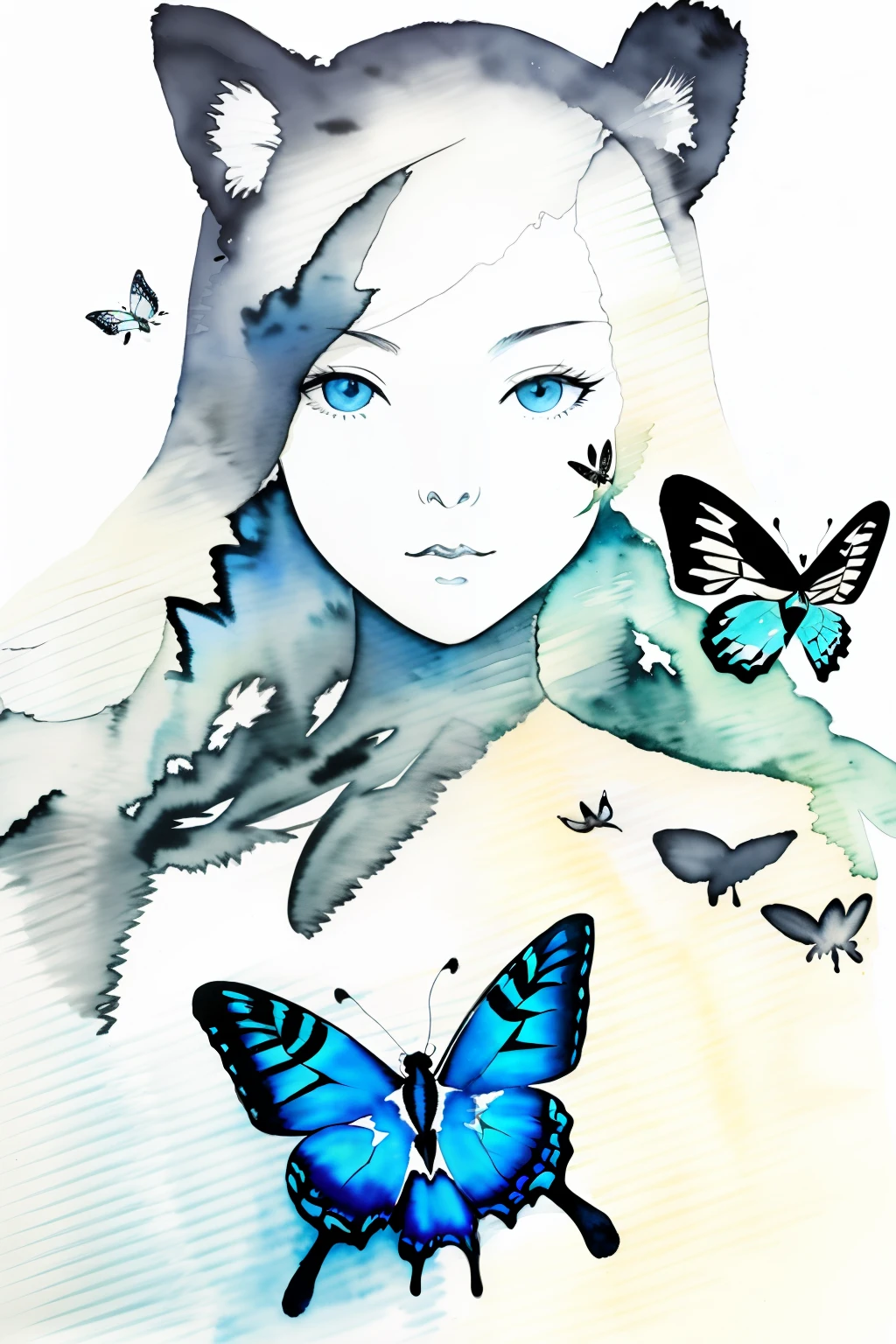 (double exposure)、1 kitten、White background、(独奏)、(ink and watercolor painting)、dripped out、((butterflys))、masterpiece、top-quality