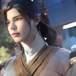 A close-up of a man in a gray shirt and a building, zhao yun, heise jinyao, shinkiro, bian lian, xianxia hero, shinkiro toshiaki mori, Game CG, kanliu666, inspired by Zhao Mengfu, inspired by Dai Jin, Xianxia, Dynasty warriors, Inspired by Cao Zhibai
