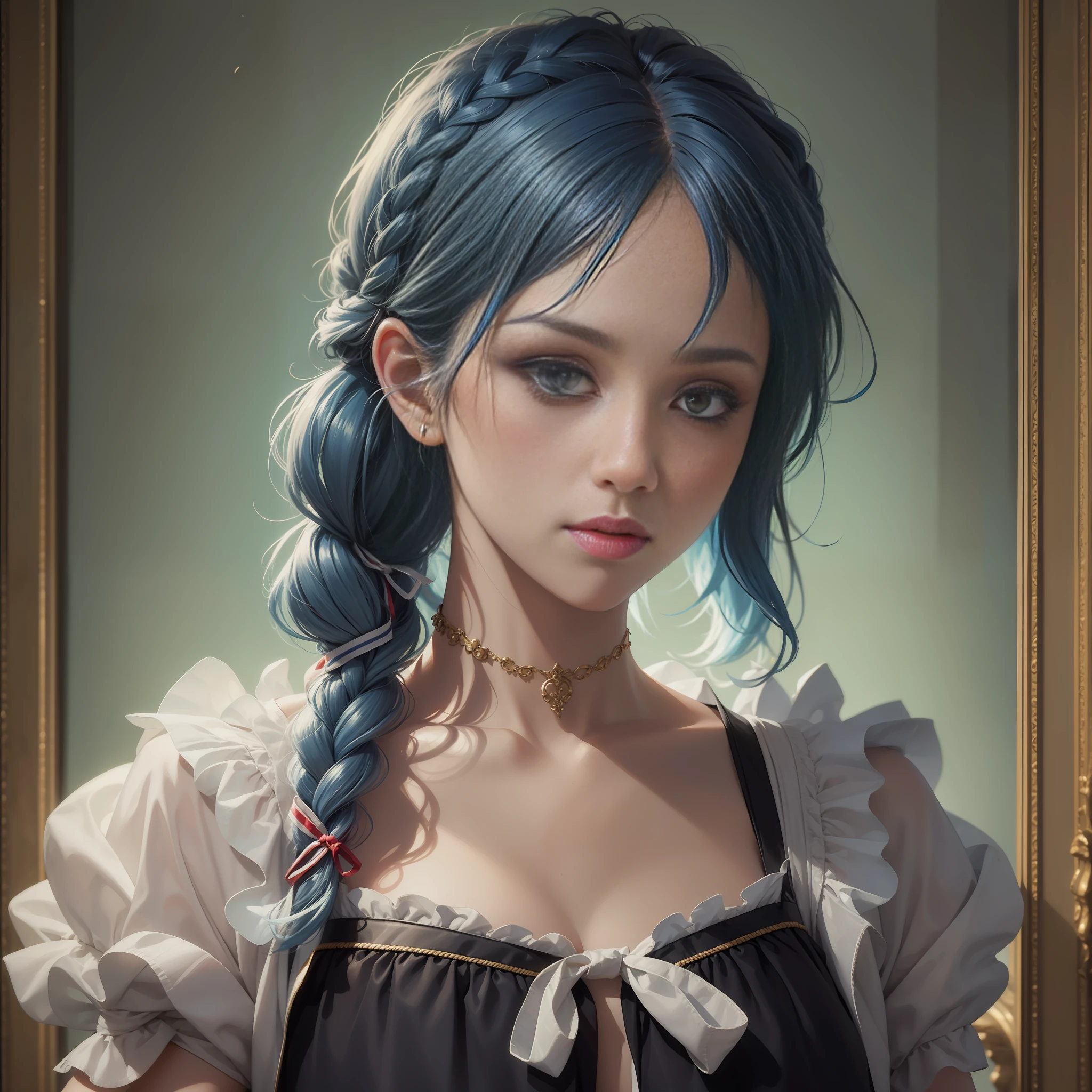 blue hair, french braid, ribbon, tearing up, chiaroscuro, Neoclassicism, 16k, best quality, super detail, anatomically correct