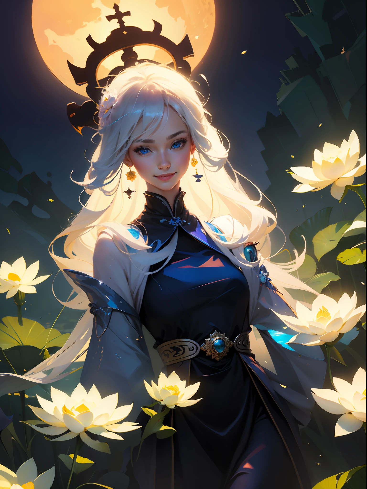 Blue eyes smile，White lotus flowers in hand