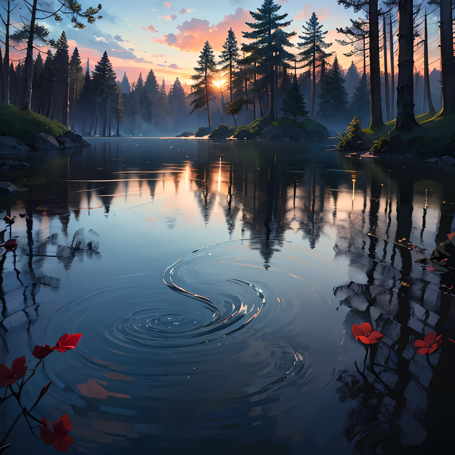 wallpaper, summer, lake, dawn, forest, detailed forest, clouds, masterpiece, cinematic, soft light, depth of field, ray tracing, reflection in water, realism, ulra detailed, --auto