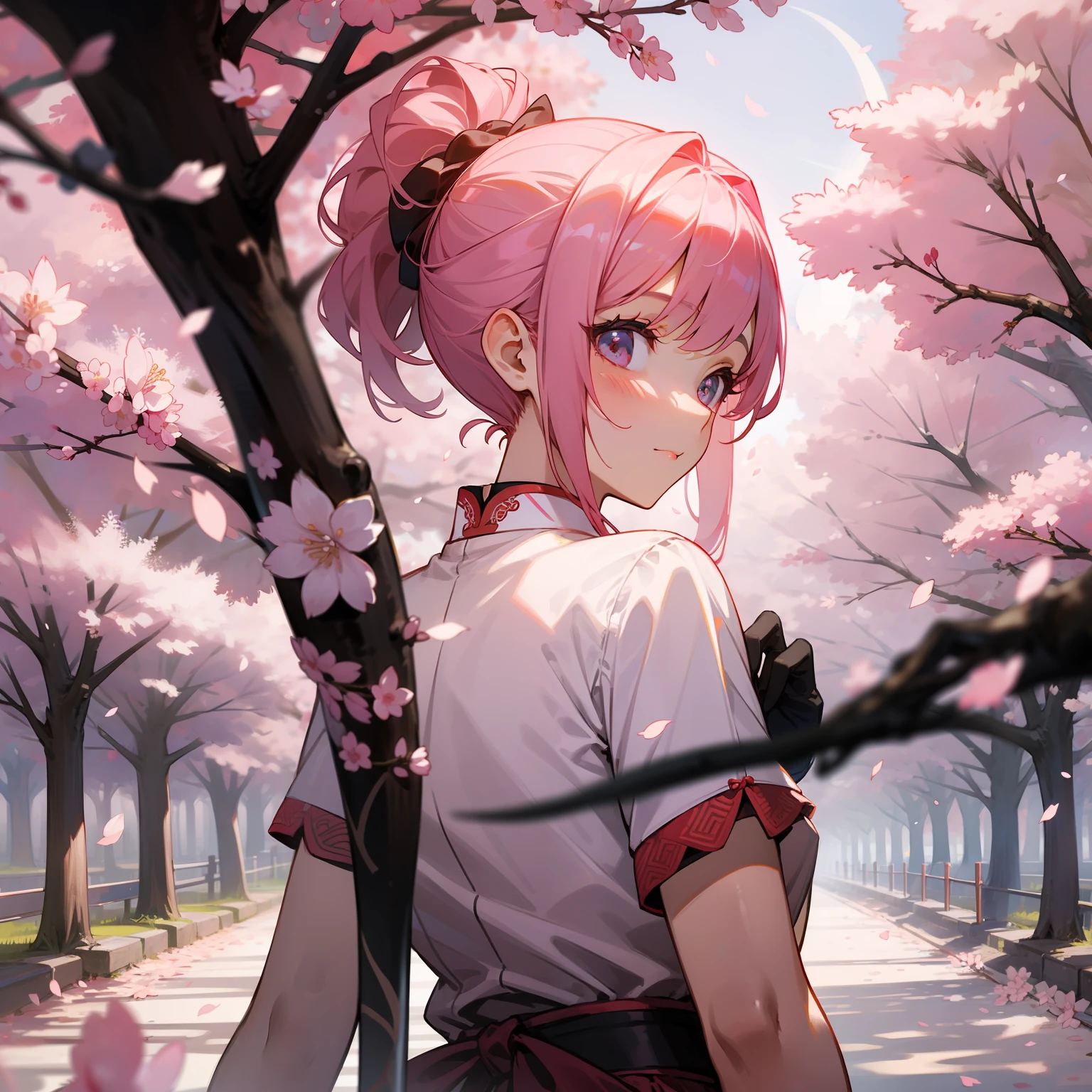 A girl，hair tied up in a pony tail，A pink-haired，Wearing a Chinese cheongsam，black in color、in Pink and white ，murderess，back to look back，With a knife in his hand，The blade glows，Two-dimensional models，Stand in the middle of the cherry blossom forest，sakura flowers falling，The road is full of falling cherry blossoms，the night，Moon，Wear five-fingered gloves，holding a katana