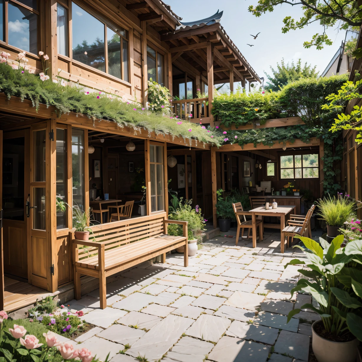 ，masterpiece, best quality，8k, ultra highres，Walk through the porch，Access to the courtyard，It's like stepping into a warm pastoral fairy tale world。In the center of the courtyard is a verdant lawn，The surrounding area is full of colorful flowers and plants。The seats are made of raw wood，Finished with soft patterned cushions，It adds a touch of nature and comfort to the courtyard。There is a small flower stand by the wall，There are pots of flowers and mini melons on it，It is embellished with a strong rural atmosphere。Sitting in the courtyard，closing her eyes，It's as if you can hear the birds singing，Feel the tranquility and beauty of nature。
