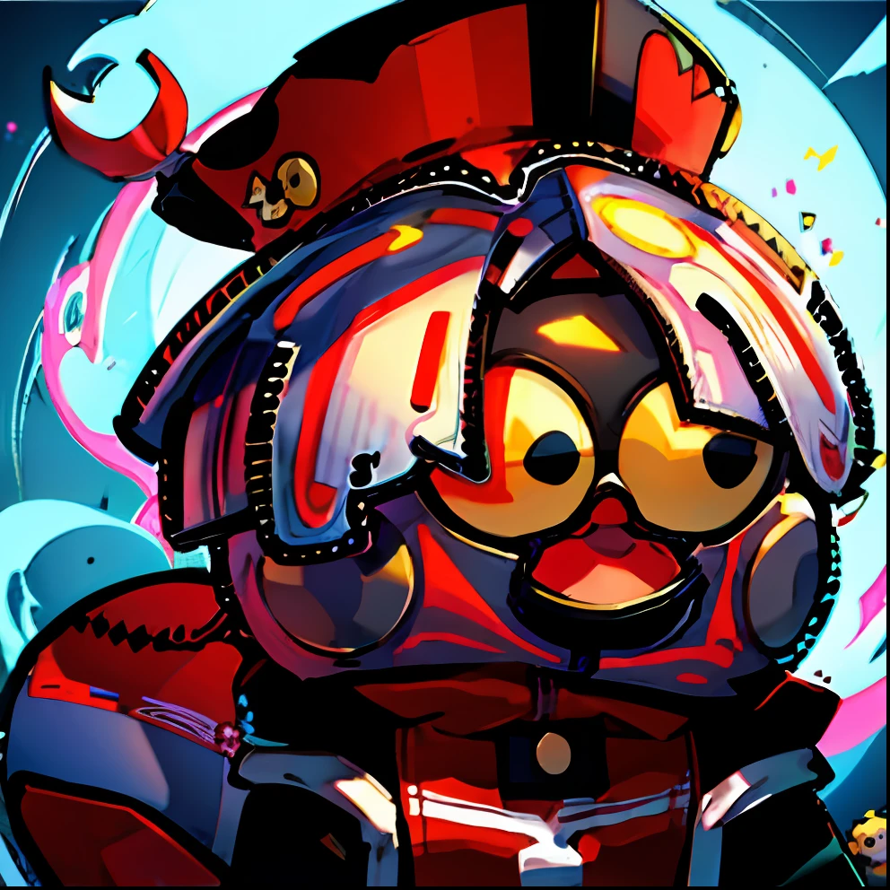 a cartoon bird with a black jacket and a red and white hat, inspired by Awataguchi Takamitsu, videogame character, maplestory, inspired by Taiyō Matsumoto, toki pona, inspired by Karl Pümpin, umamusume, armored duck, inspired in super bomberman, upper body 2d game avatar