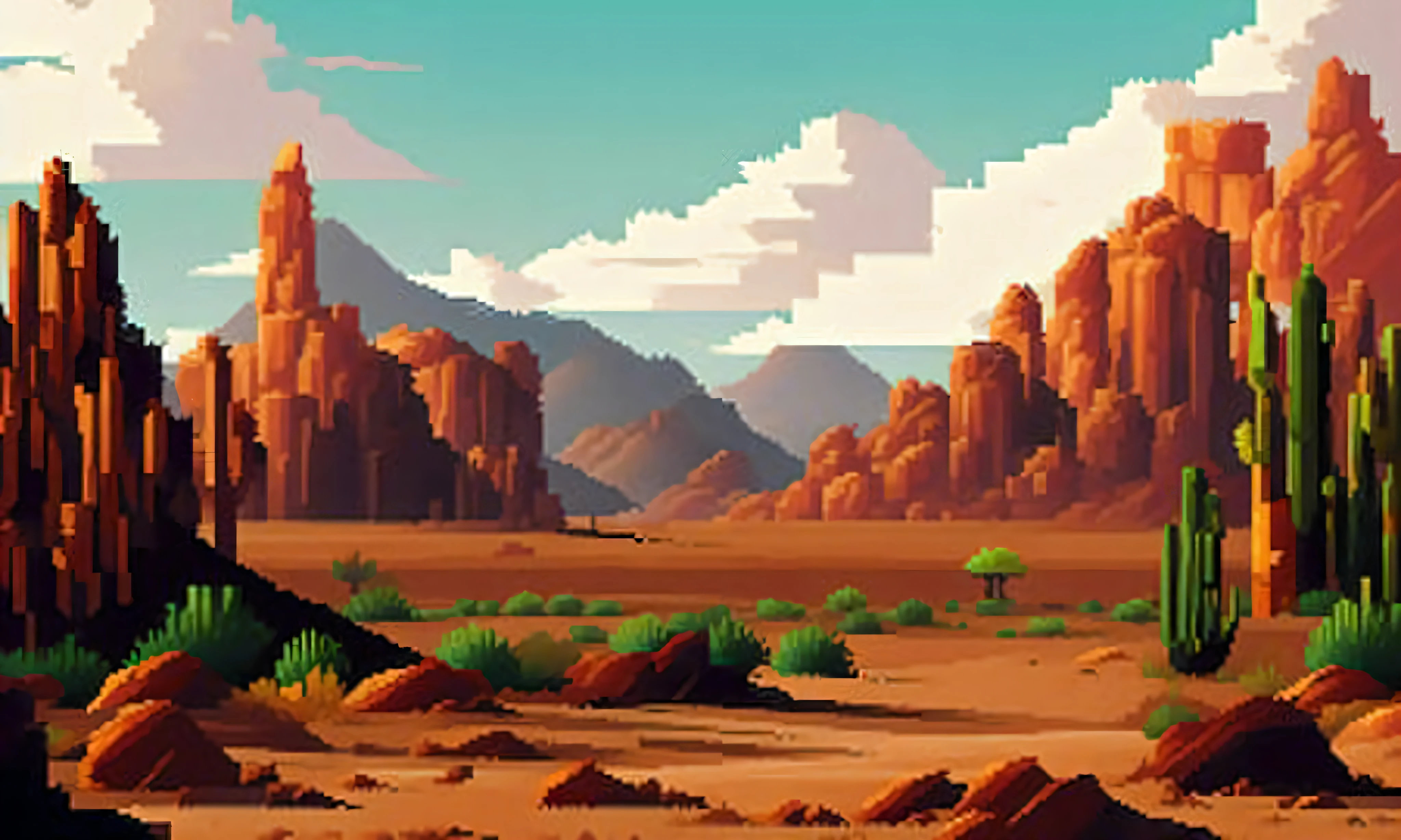 pixelart photorealistic stylized A photo of a desert landscape with red sand dunes, a cactus, and a distant mesa., video game concept art