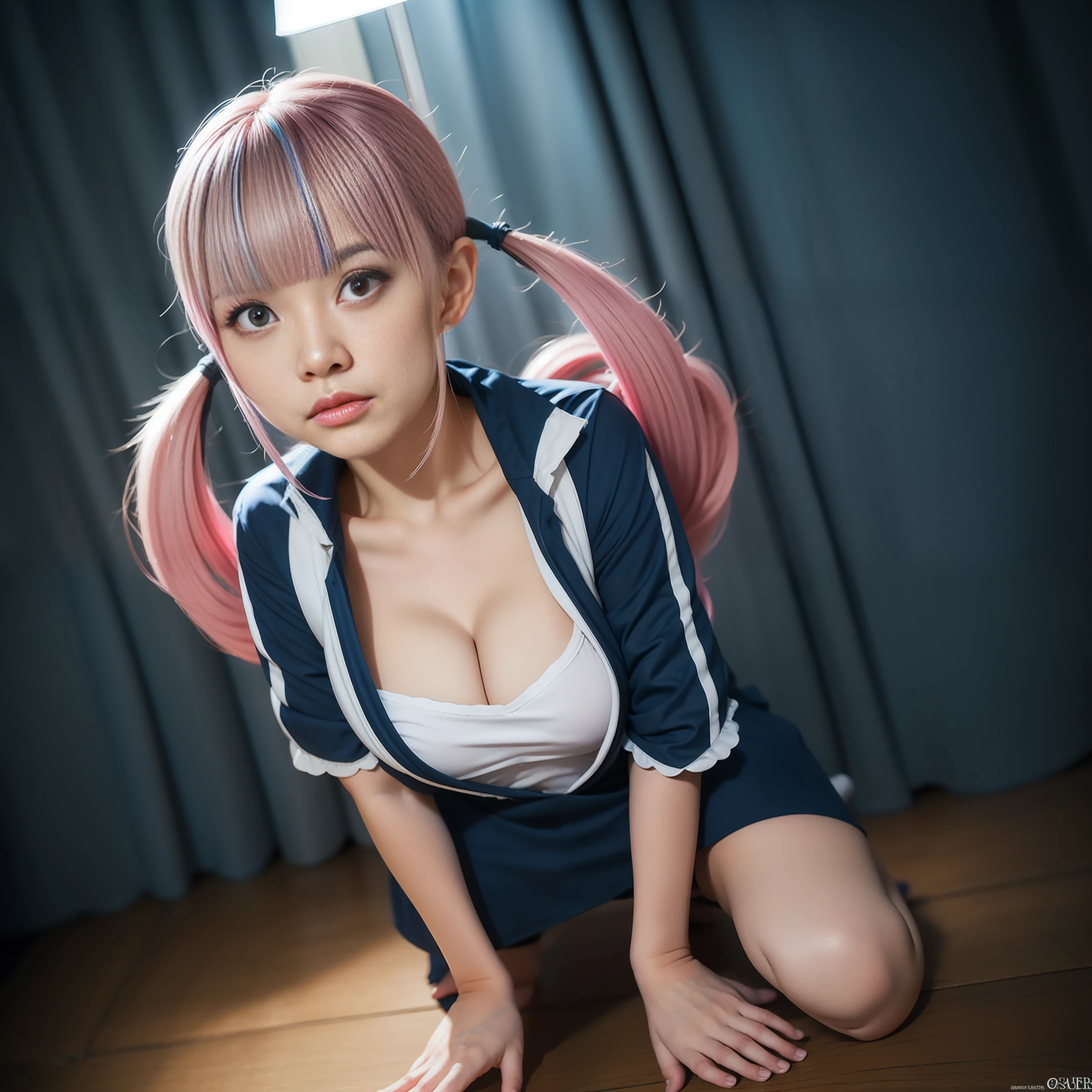 (masterpiece), (best quality), photorealism, realistic, ultra detailed, 8k resolution, (1girl), solo, beautiful, pink twintail hair, blue highlight hair, minato aqua, front light, cinematic light, cold light, cosplay, minato aqua cosplay, vtuber, indoor, bedroom, dropping breast, thick breast, squatting cowgirl pose