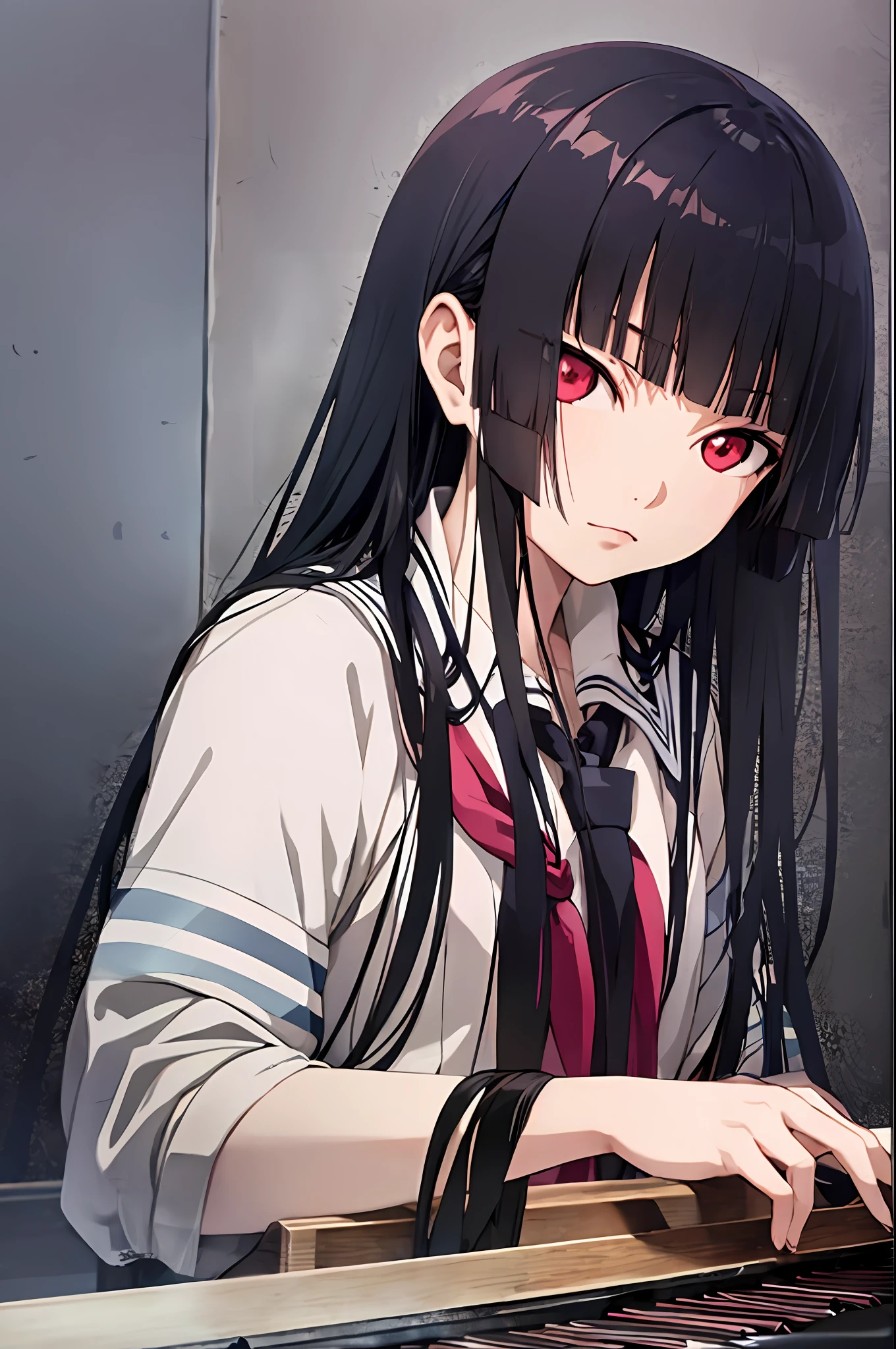 (((tmasterpiece))), Highest image quality，High-definition large image, A person plays the piano alone，Enma Ai，wearing black uniform，Wearing pure white Little Devil Seifuku。
